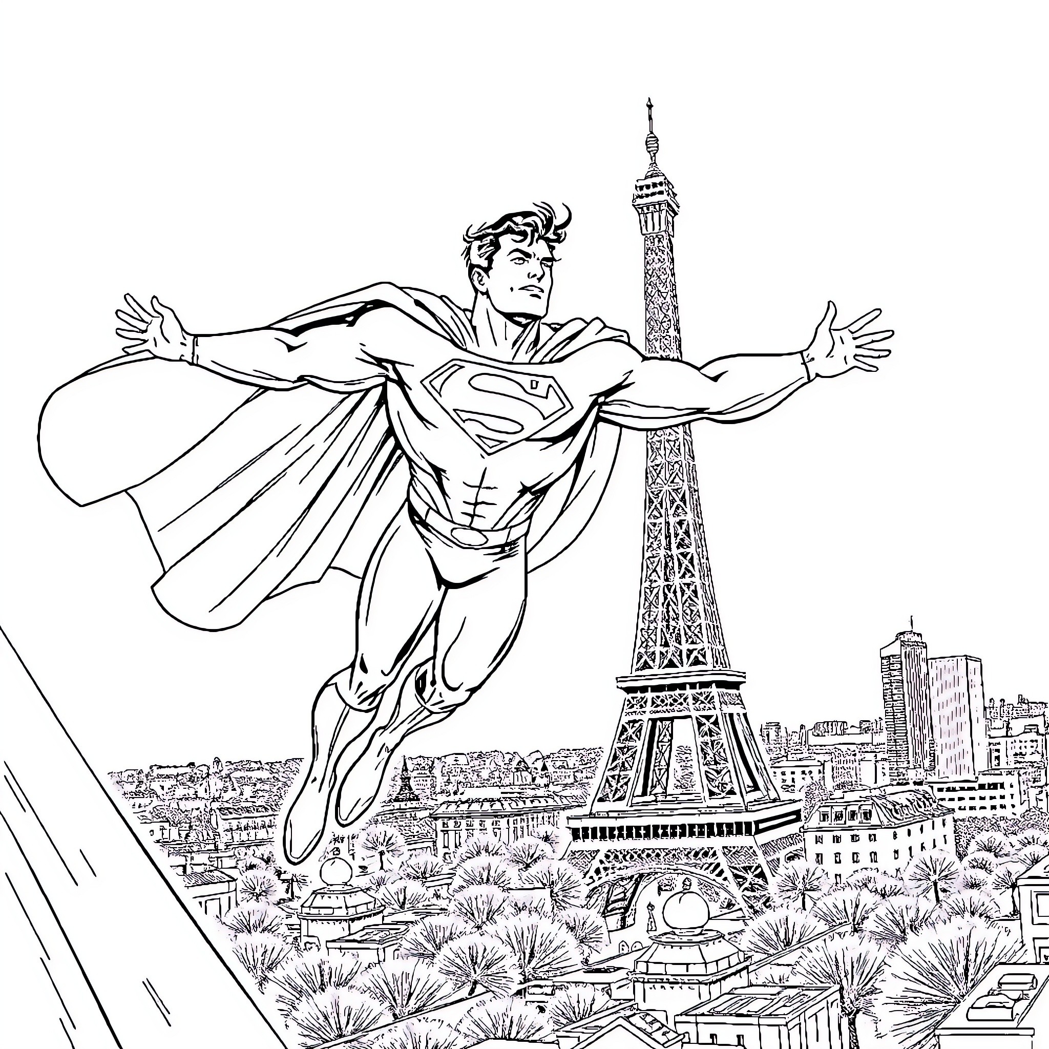 Superman soaring over the Parisian cityscape Coloring Page (free black-and-white line drawing printable PDF for all, from beginners to advanced learners, including children, teens, adults, and seniors)