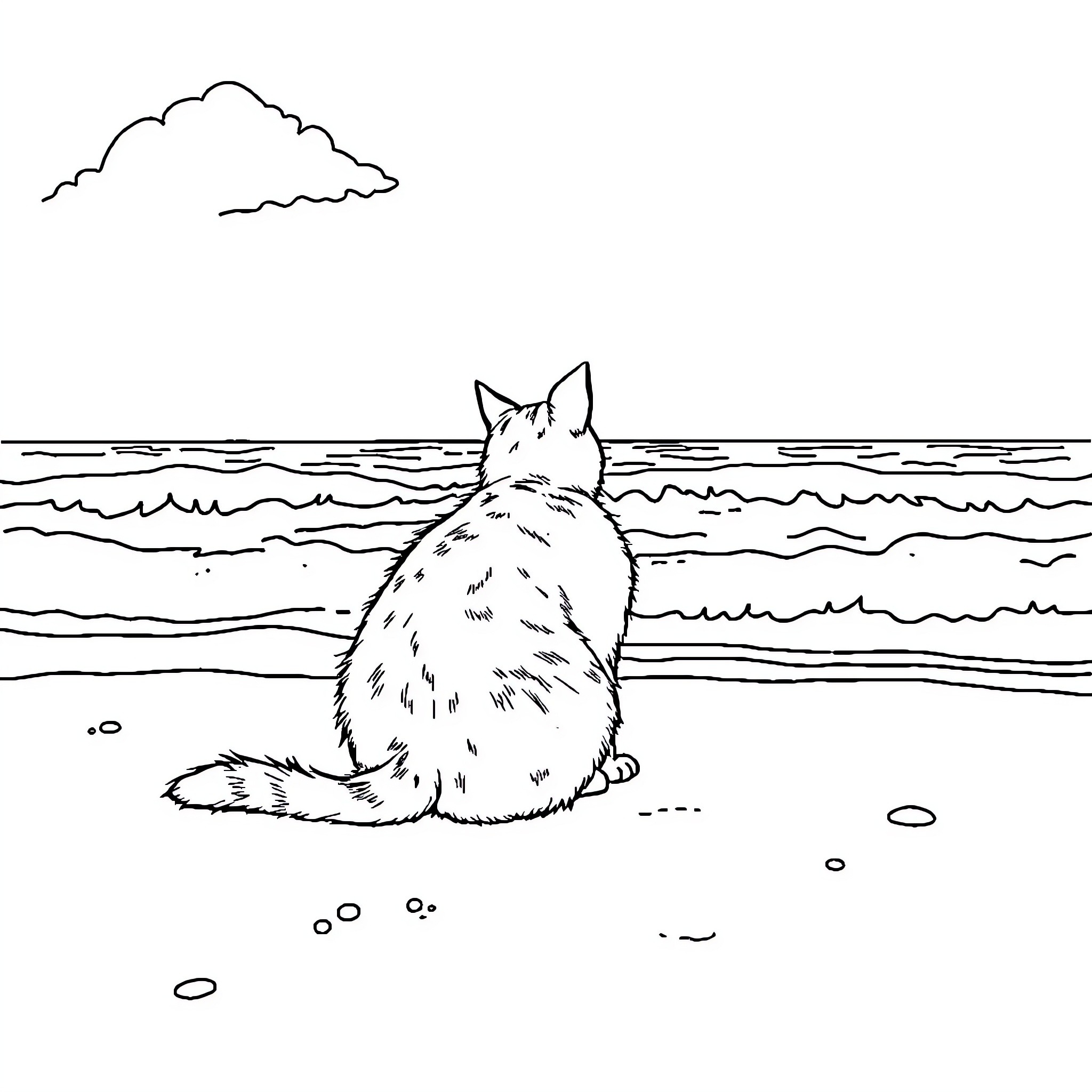 Cat gazing at the ocean landscape Coloring Page (free black-and-white line drawing printable PDF for all, from beginners to advanced learners, including children, teens, adults, and seniors)