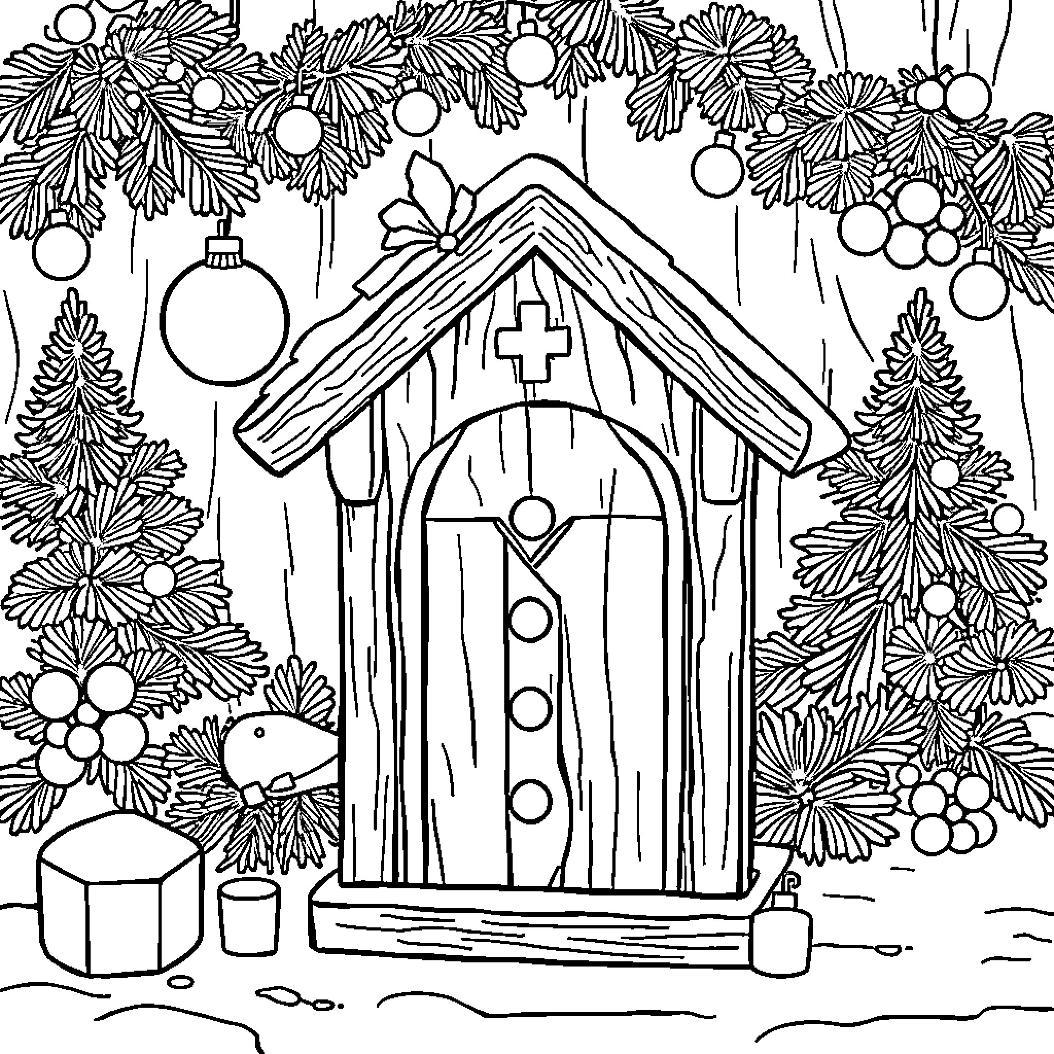 Casse Noisette: Christmas Cottage in the Winter Wonderland Coloring Page (free black-and-white line drawing printable PDF for all, from beginners to advanced learners, including children, teens, adults, and seniors)