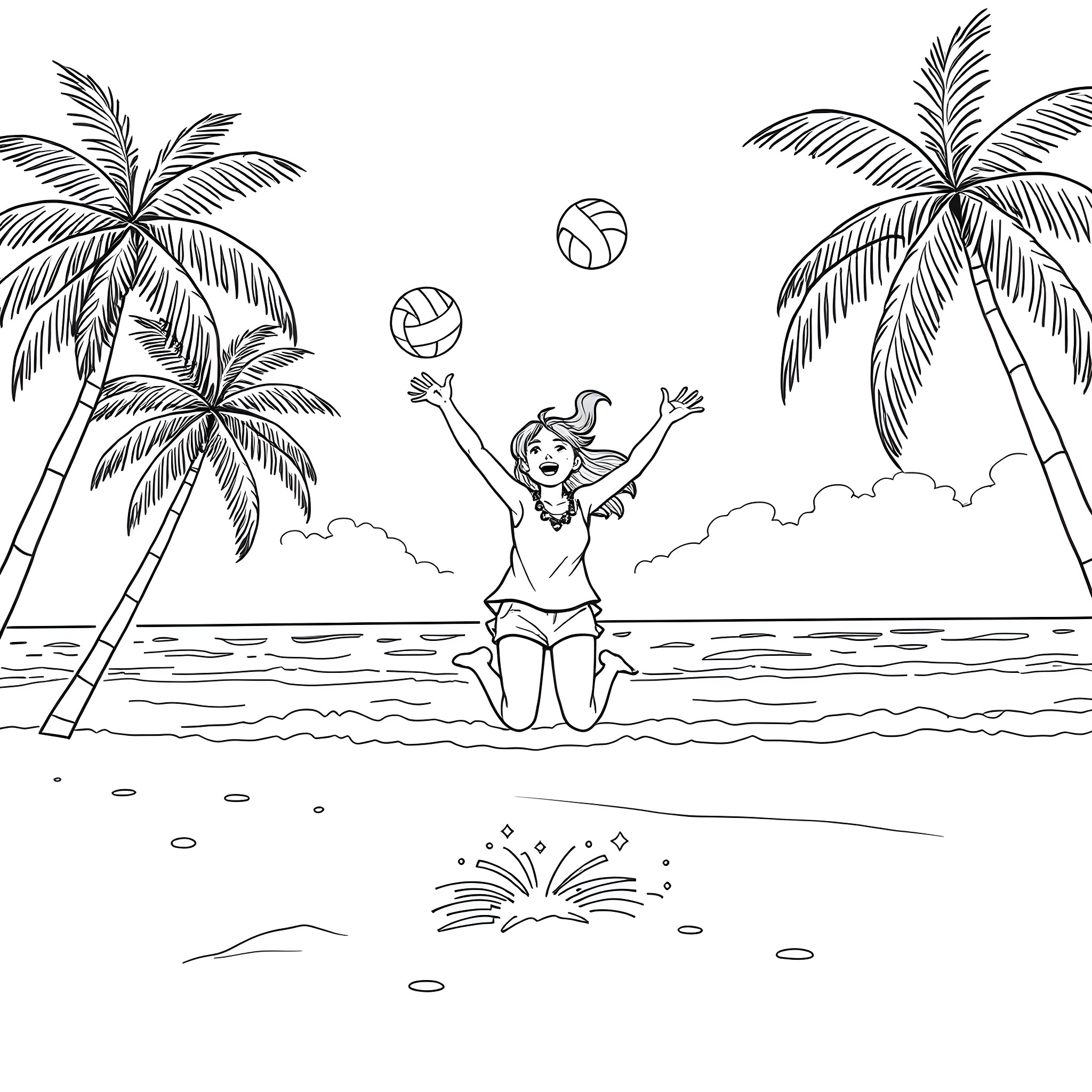 Girl playing happily on the beach with palm trees Coloring Page (free black-and-white line drawing printable PDF for all, from beginners to advanced learners, including children, teens, adults, and seniors)