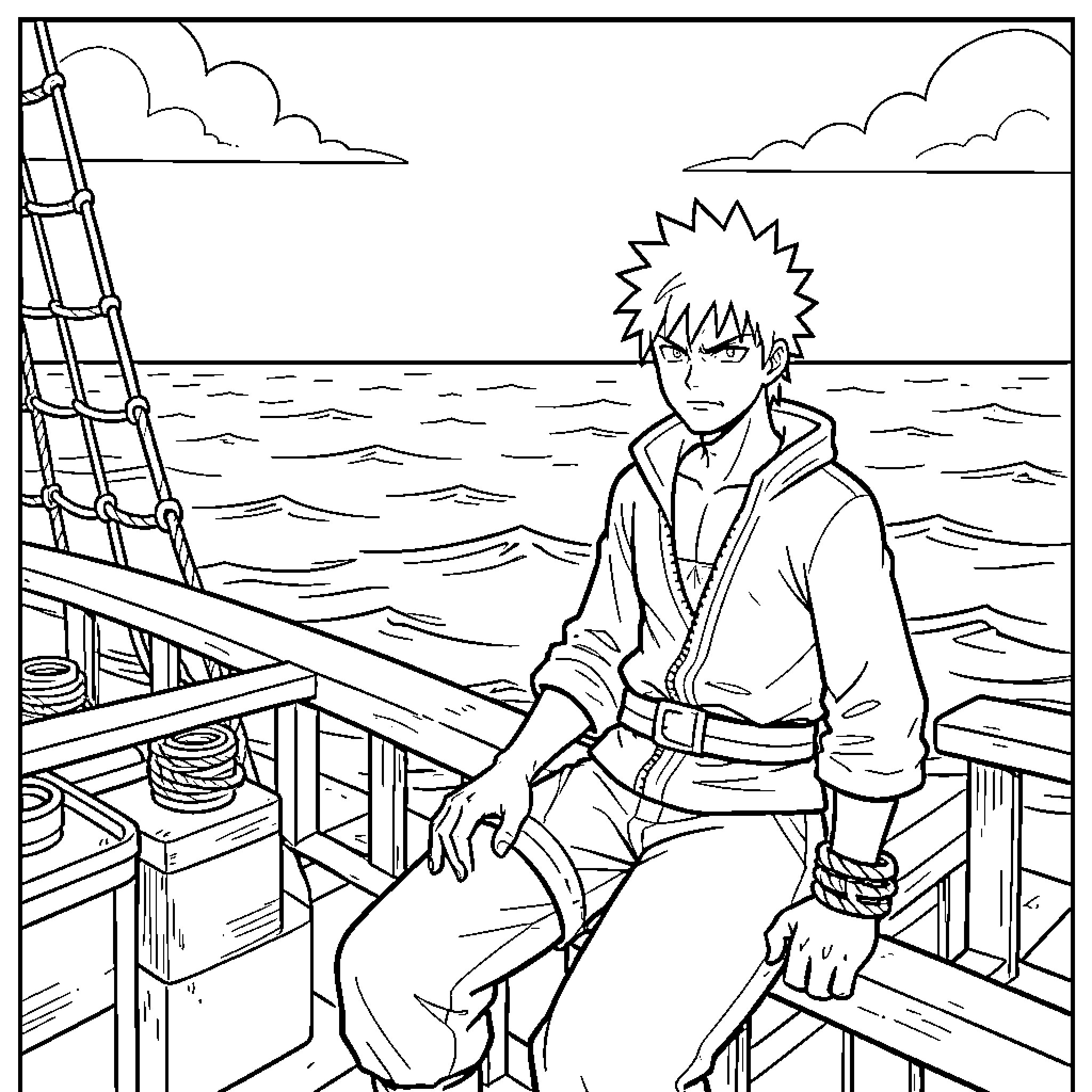 Roronoa's Calm Contemplation on the Open Sea Coloring Page (free black-and-white line drawing printable PDF for all, from beginners to advanced learners, including children, teens, adults, and seniors)