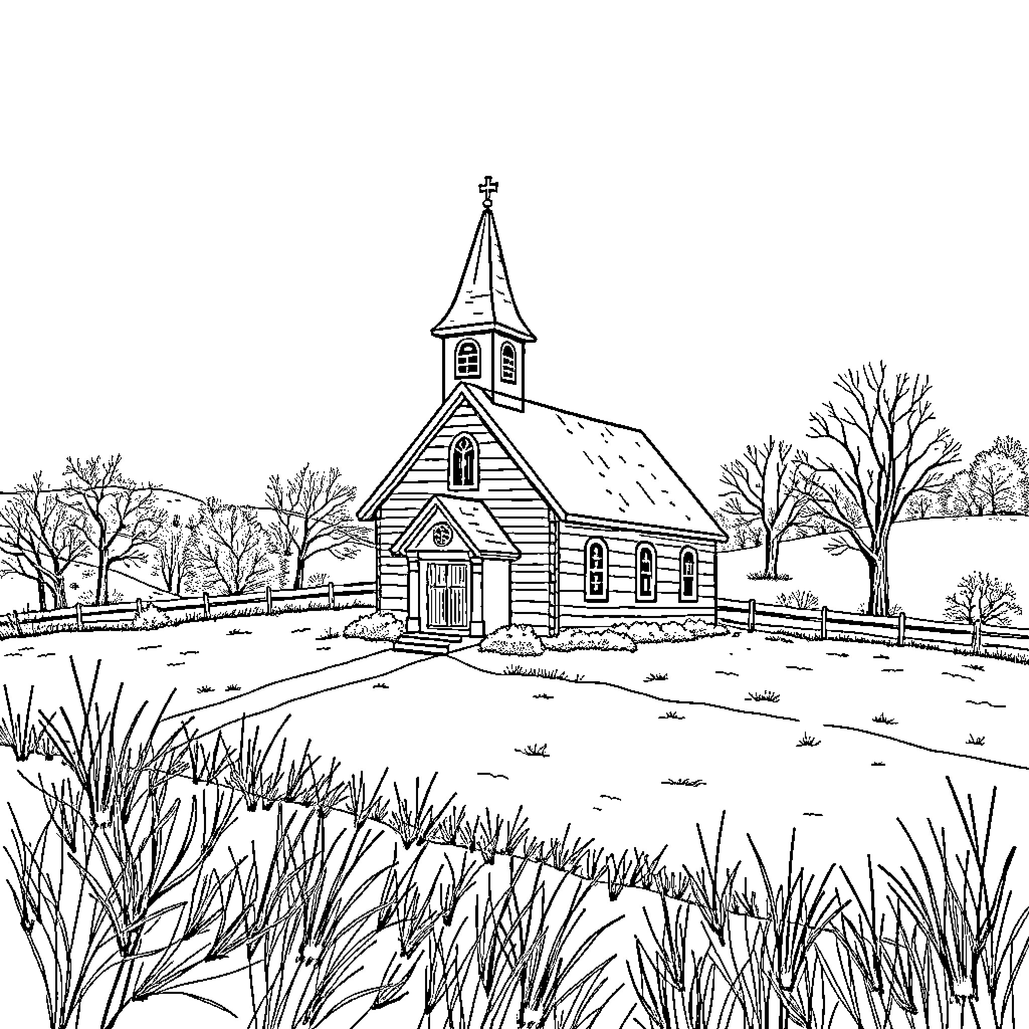 Church in the Peaceful Countryside Landscape Coloring Page (free black-and-white line drawing printable PDF for all, from beginners to advanced learners, including children, teens, adults, and seniors)