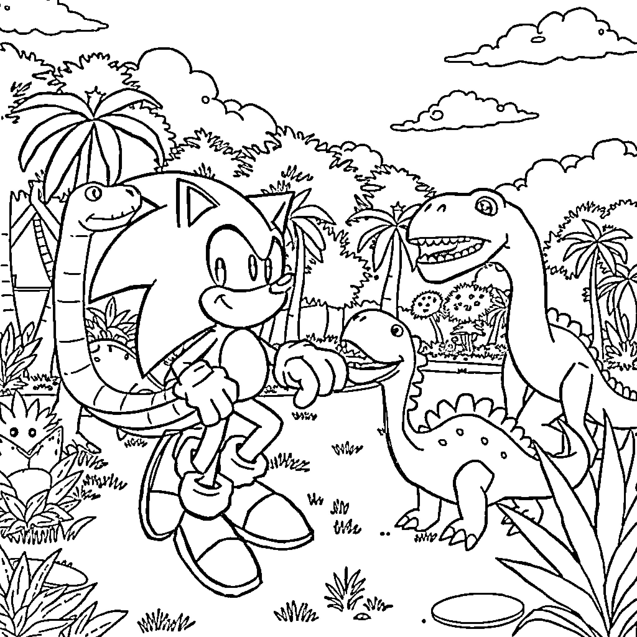 Sonic's jungle adventure with dinosaur friends Coloring Page (free black-and-white line drawing printable PDF for all, from beginners to advanced learners, including children, teens, adults, and seniors)