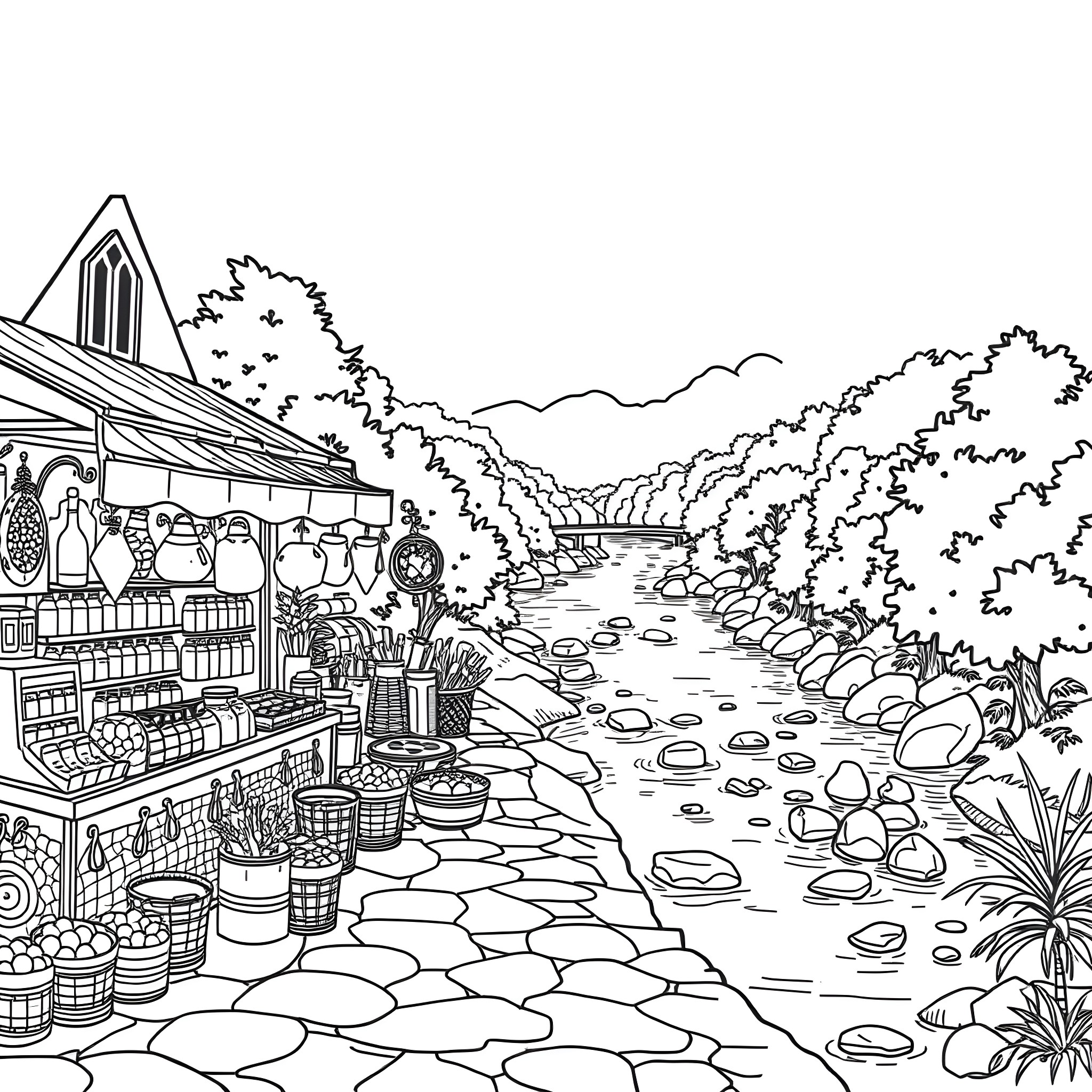 Market stalls along a scenic riverside path Coloring Page (free black-and-white line drawing printable PDF for all, from beginners to advanced learners, including children, teens, adults, and seniors)