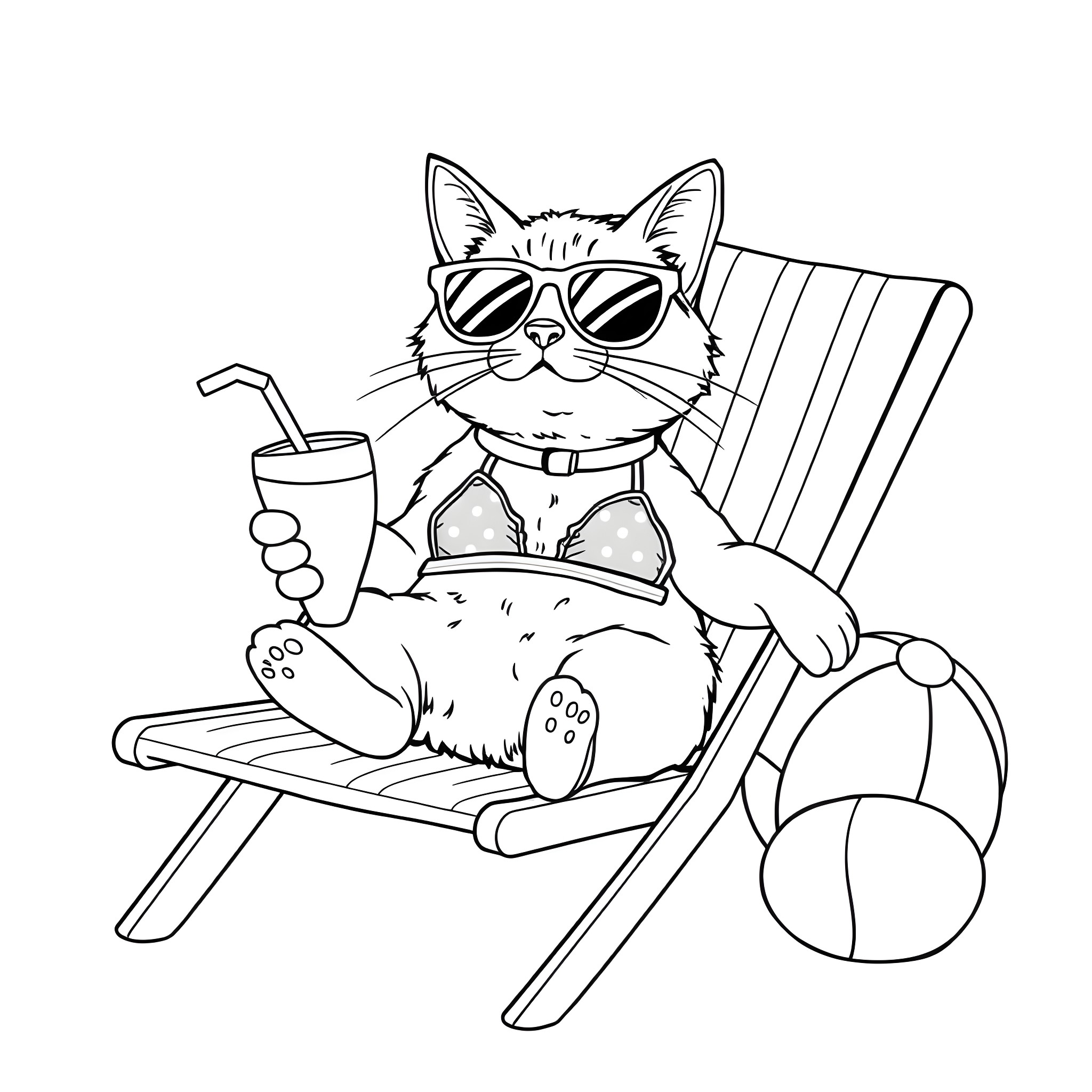 Cat relaxing on beach chair with drink Coloring Page (free black-and-white line drawing printable PDF for all, from beginners to advanced learners, including children, teens, adults, and seniors)