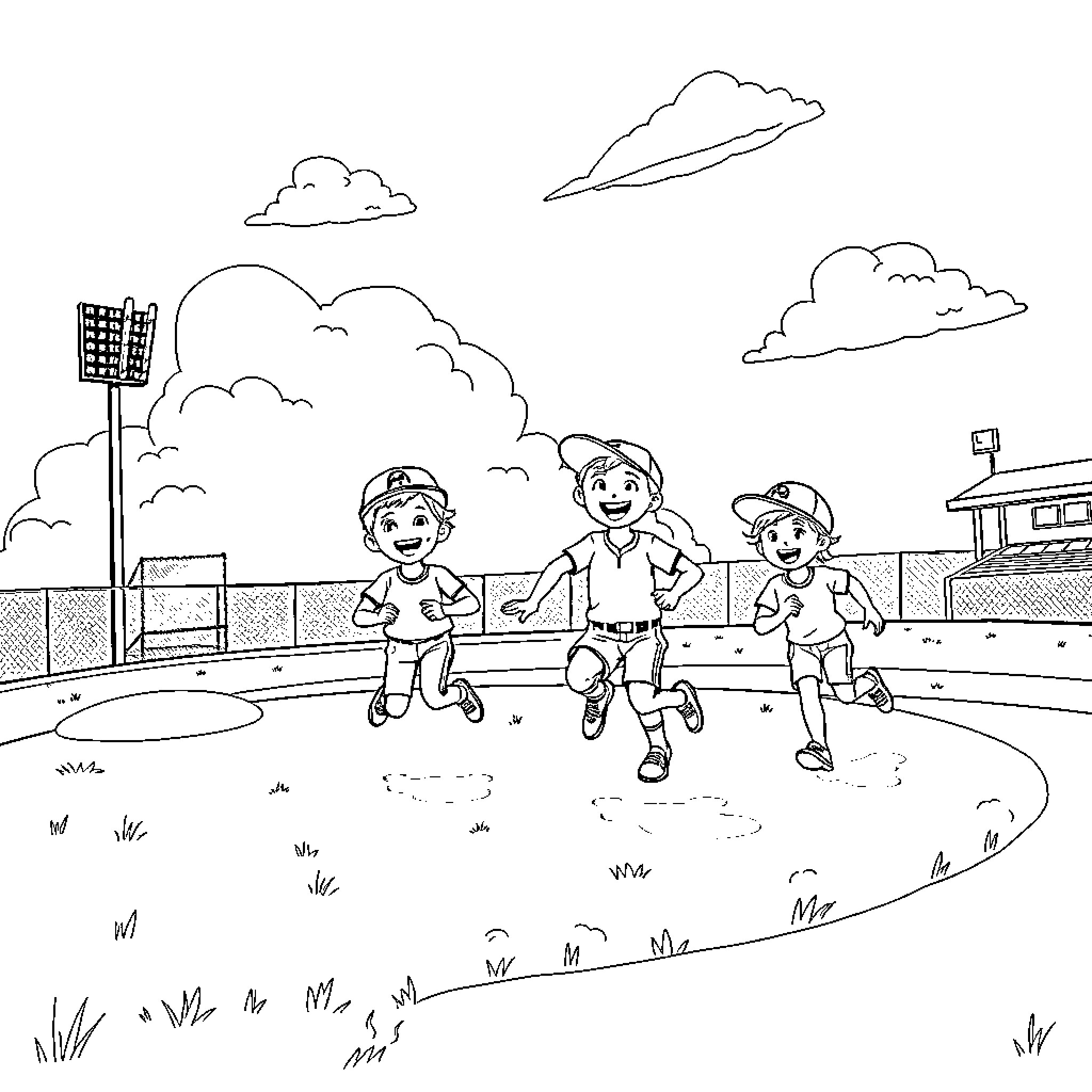 Baseball Players Enjoying the Game Outdoors Coloring Page (free black-and-white line drawing printable PDF for all, from beginners to advanced learners, including children, teens, adults, and seniors)