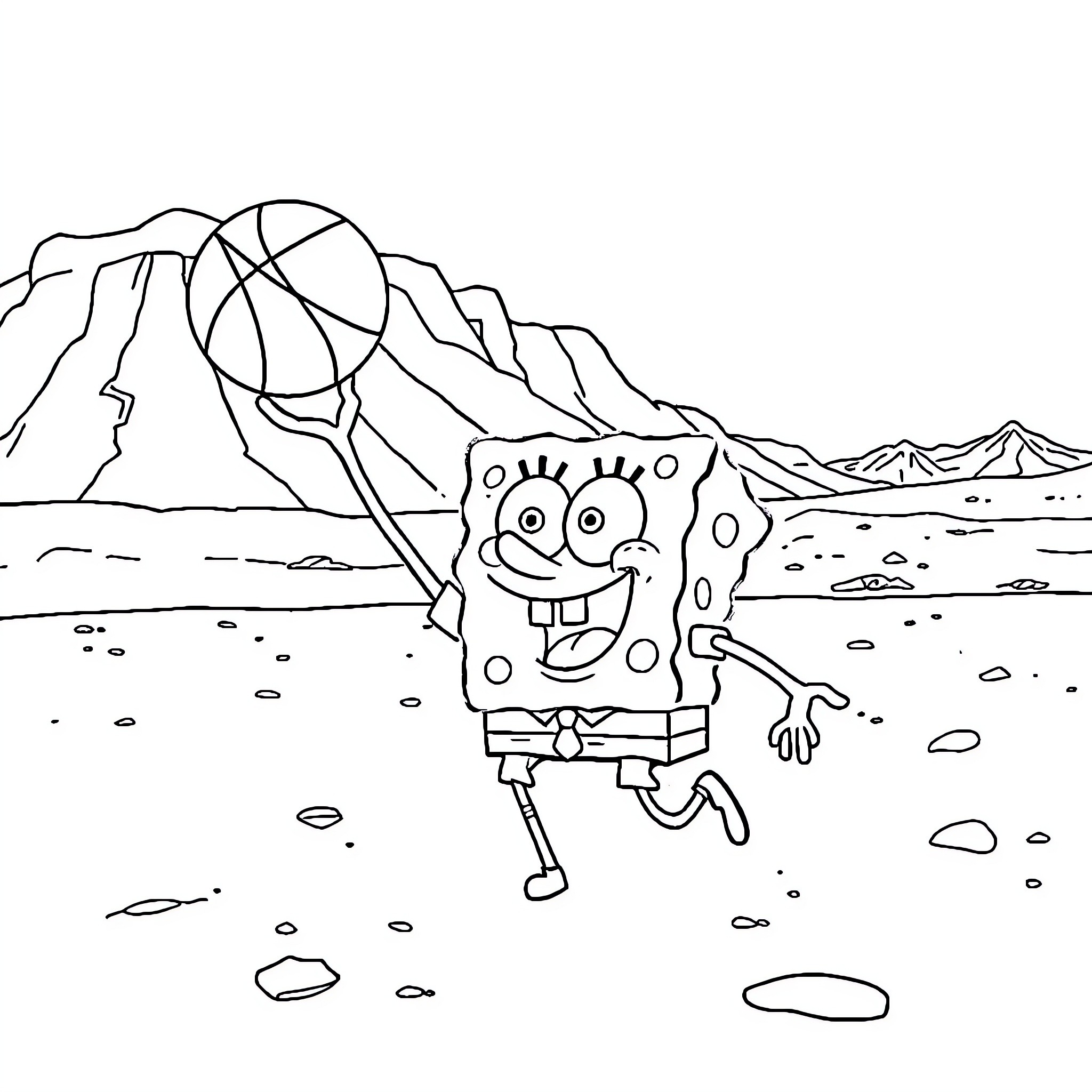 Spongebob playing happily in the desert landscape Coloring Page (free black-and-white line drawing printable PDF for all, from beginners to advanced learners, including children, teens, adults, and seniors)