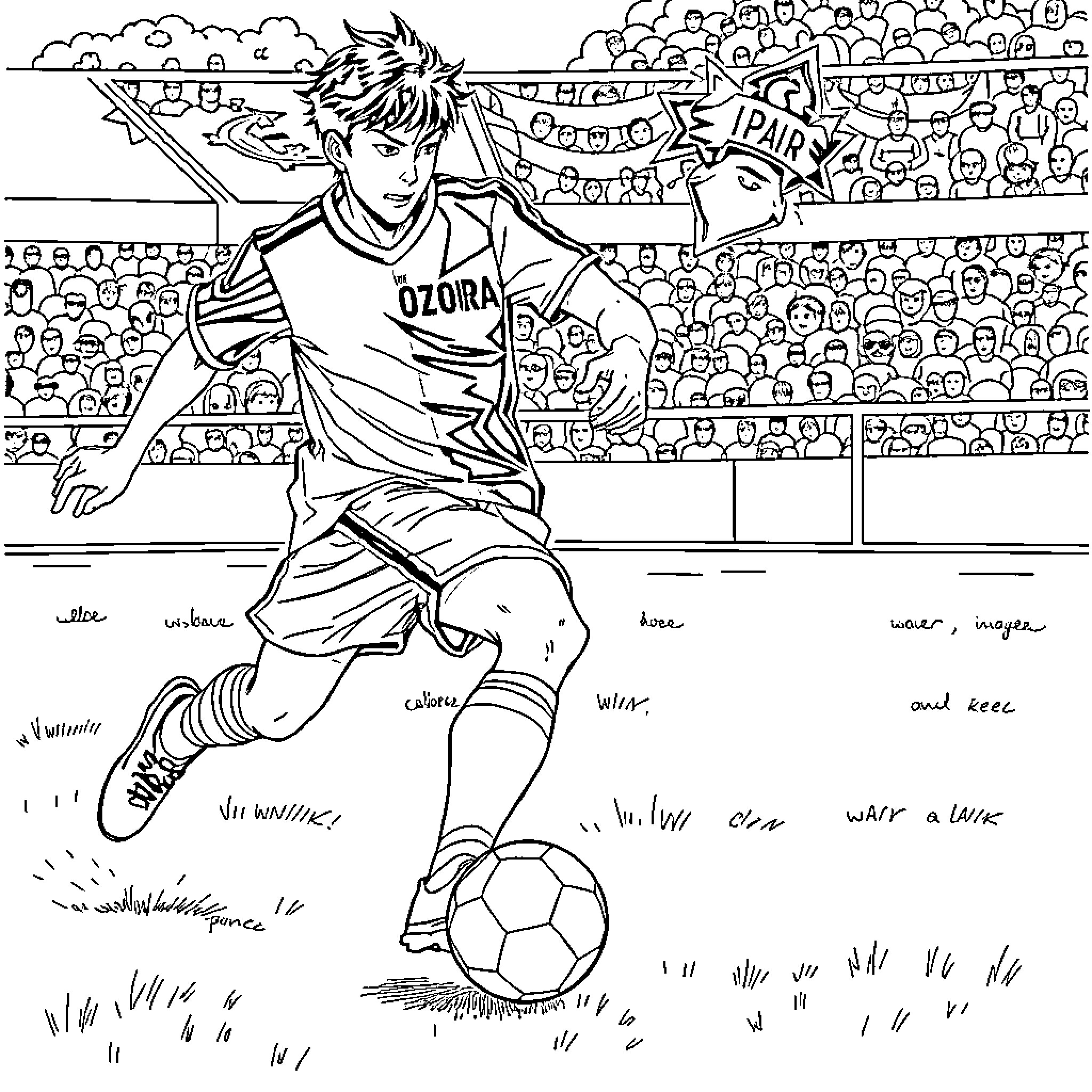 Tsubasa Ozora playing football in the stadium Coloring Page (free black-and-white line drawing printable PDF for all, from beginners to advanced learners, including children, teens, adults, and seniors)