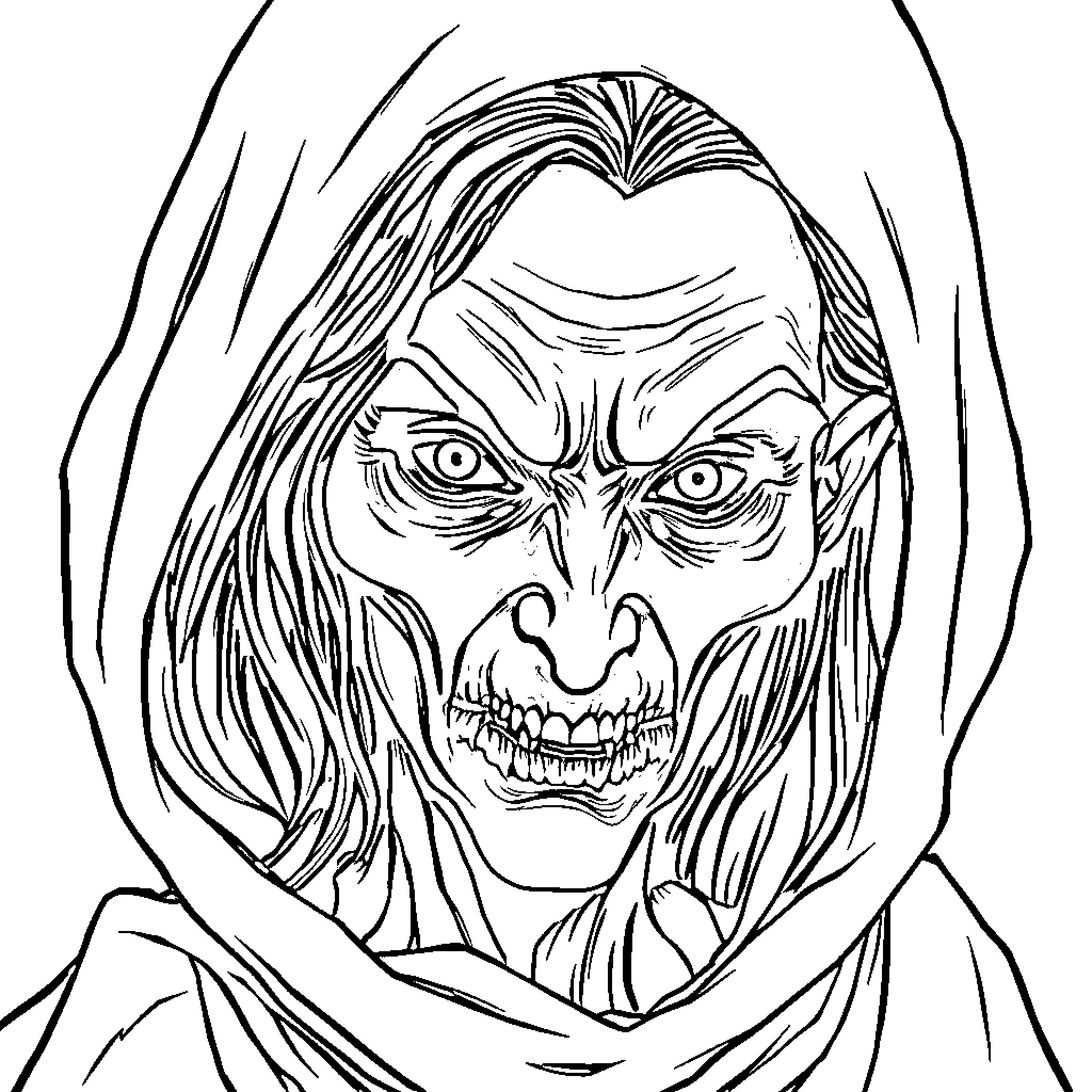 Witch with a Sinister Expression Coloring Page (free black-and-white line drawing printable PDF for all, from beginners to advanced learners, including children, teens, adults, and seniors)