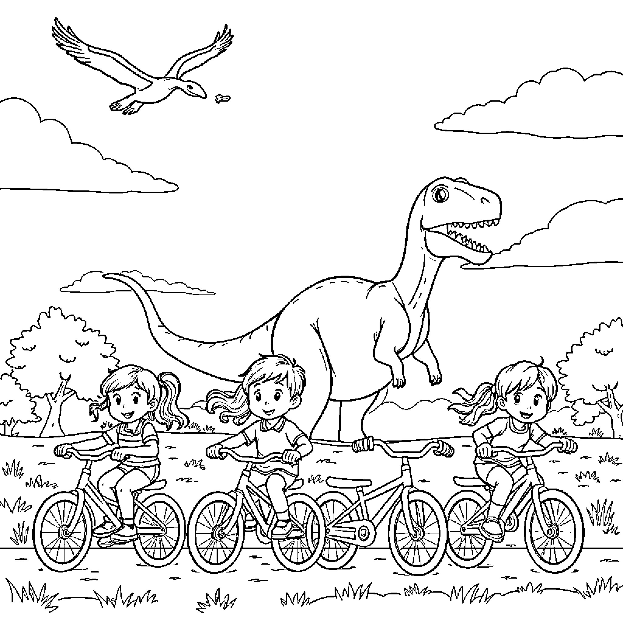 Kid Riding Bikes with Dinosaur in Scenic Landscape Coloring Page (free black-and-white line drawing printable PDF for all, from beginners to advanced learners, including children, teens, adults, and seniors)