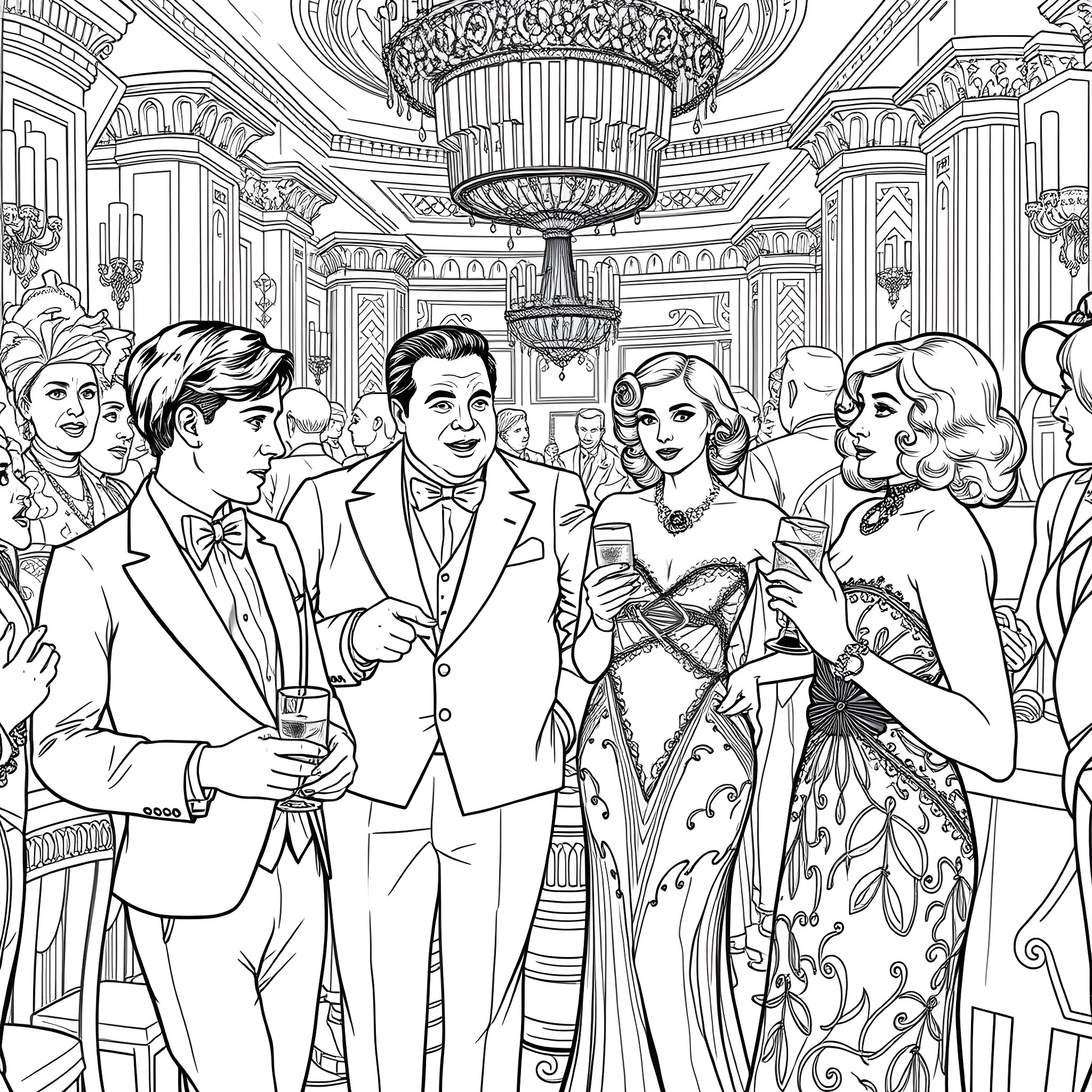 Actor's Elegant Gathering in Glamorous Setting Coloring Page (free black-and-white line drawing printable PDF for all, from beginners to advanced learners, including children, teens, adults, and seniors)