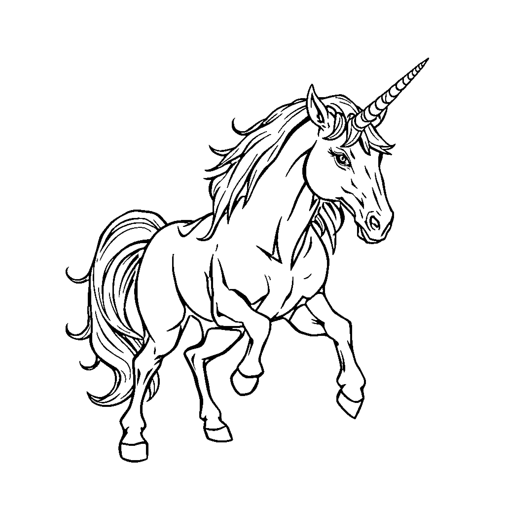Unicorn galloping with elegant grace Coloring Page (free black-and-white line drawing printable PDF for all, from beginners to advanced learners, including children, teens, adults, and seniors)