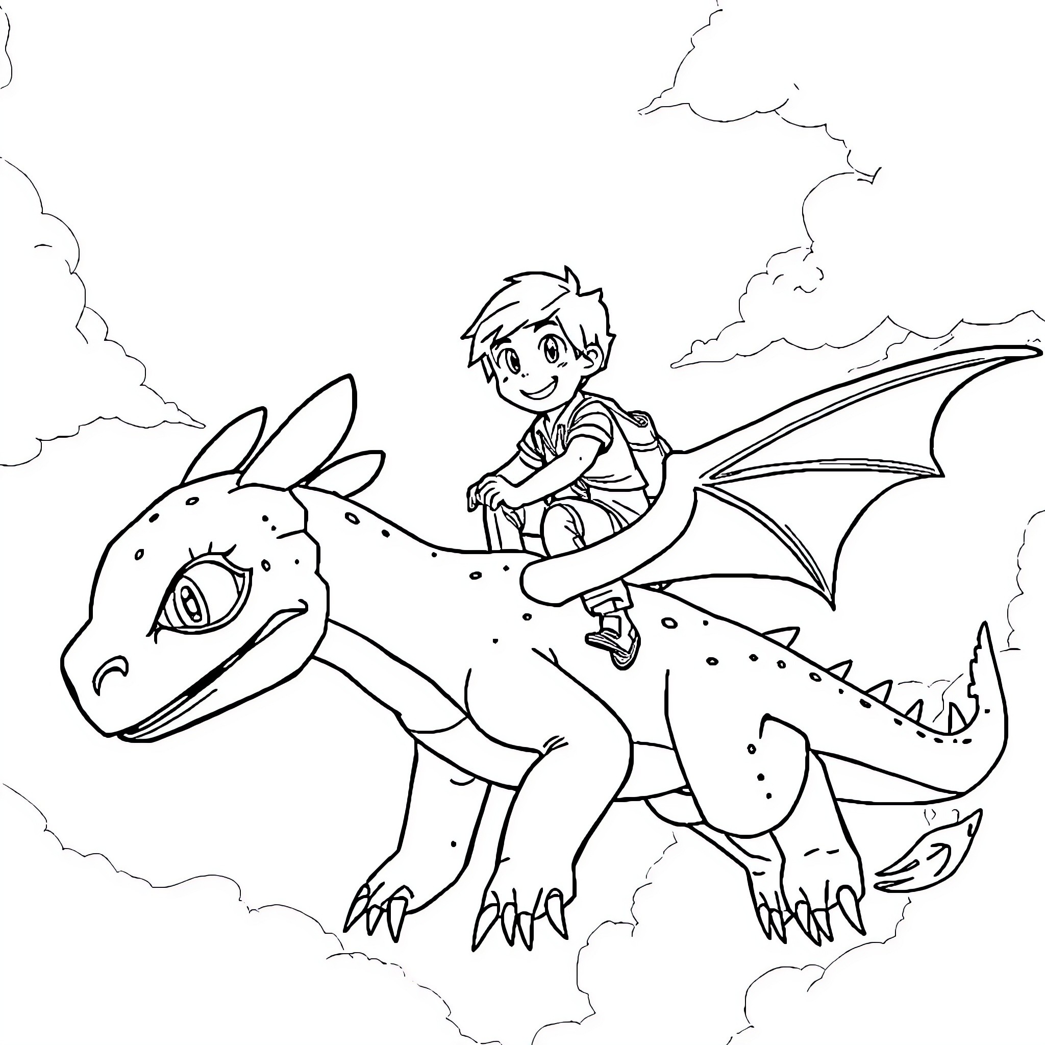 Hiccup riding a majestic dragon in the sky Coloring Page (free black-and-white line drawing printable PDF for all, from beginners to advanced learners, including children, teens, adults, and seniors)