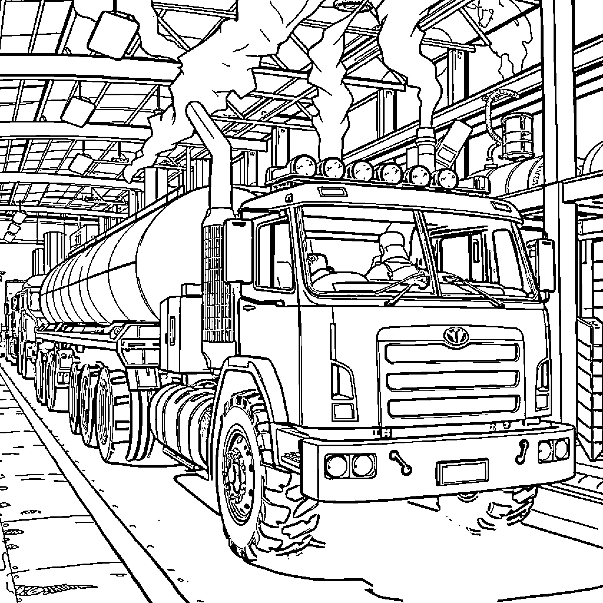 Vehicle transporting heavy industrial equipment in factory Coloring Page (free black-and-white line drawing printable PDF for all, from beginners to advanced learners, including children, teens, adults, and seniors)