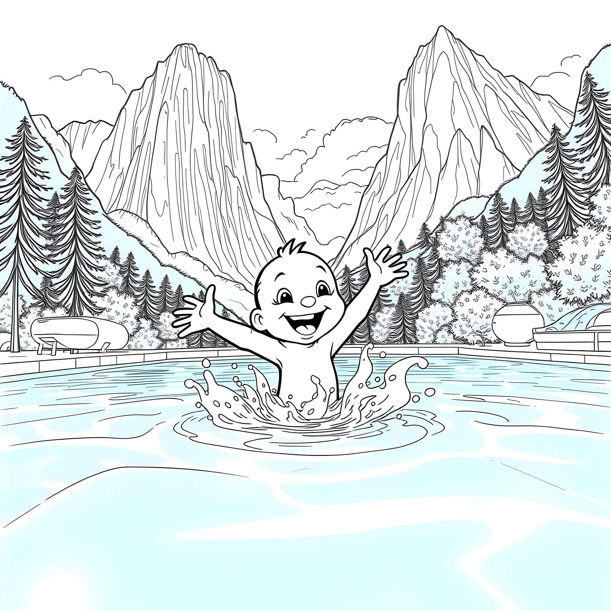 Bluey splashing happily in the mountain lake Coloring Page (free black-and-white line drawing printable PDF for all, from beginners to advanced learners, including children, teens, adults, and seniors)