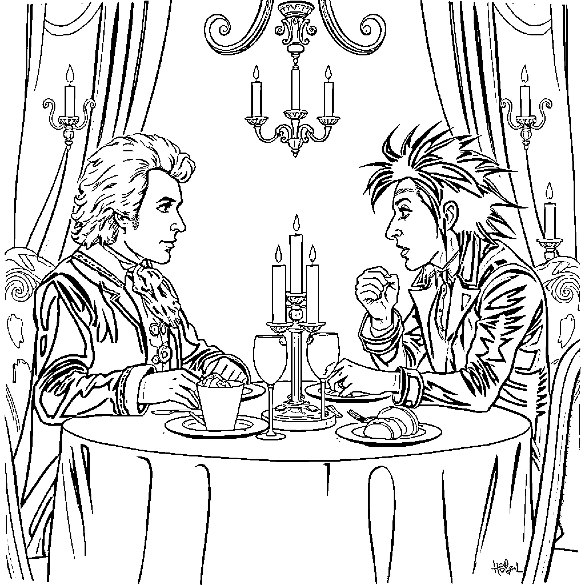 Mozart's musical companions conversing in an elegant setting Coloring Page (free black-and-white line drawing printable PDF for all, from beginners to advanced learners, including children, teens, adults, and seniors)
