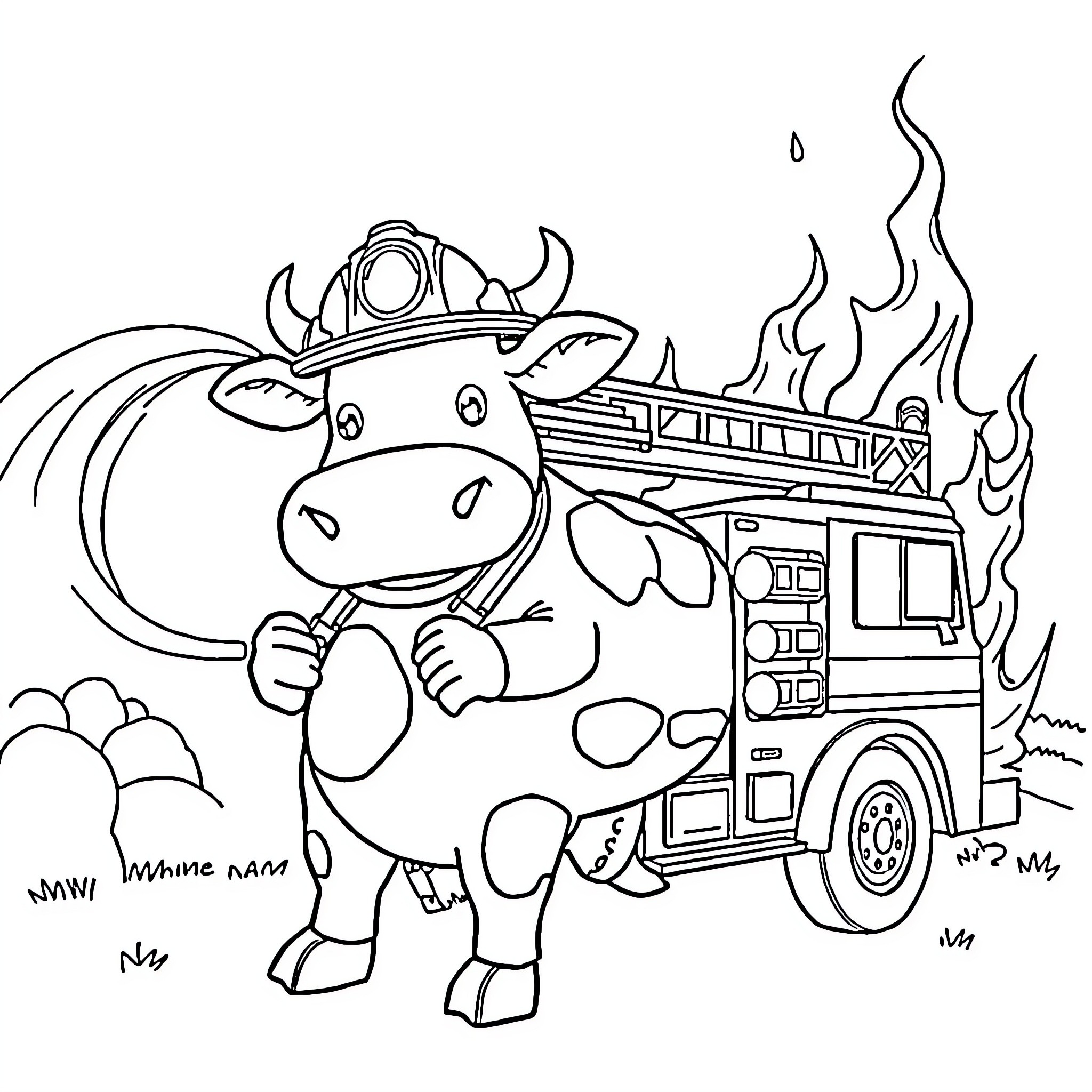 Firefighter cow extinguishing fire on truck Coloring Page (free black-and-white line drawing printable PDF for all, from beginners to advanced learners, including children, teens, adults, and seniors)
