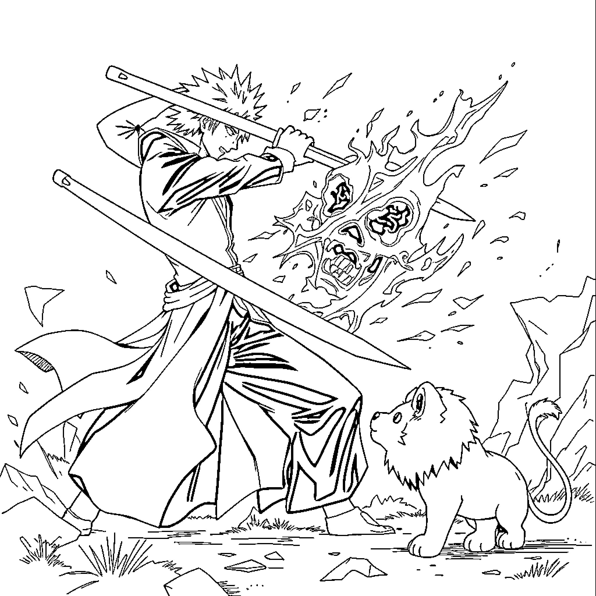 Ichigo clashing with foes in dynamic battle Coloring Page (free black-and-white line drawing printable PDF for all, from beginners to advanced learners, including children, teens, adults, and seniors)
