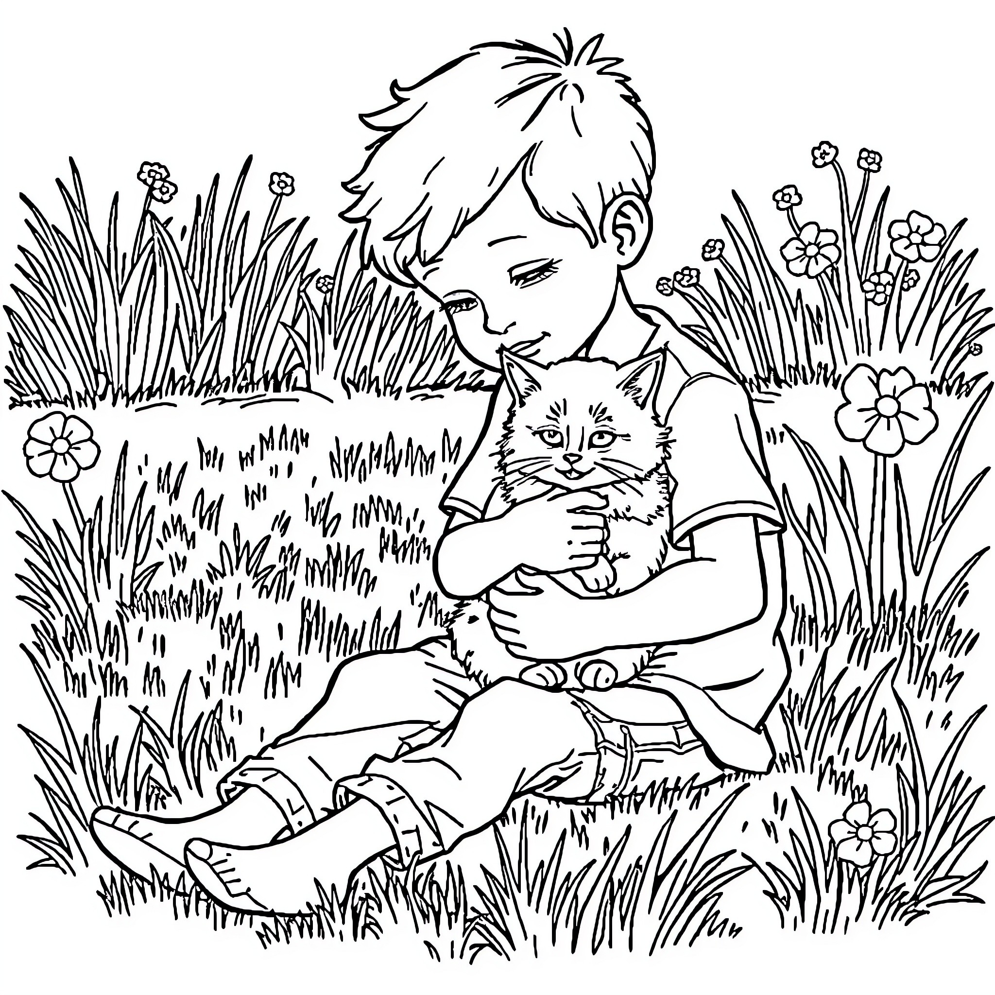 Boy sitting with cat in garden Coloring Page (free black-and-white line drawing printable PDF for all, from beginners to advanced learners, including children, teens, adults, and seniors)