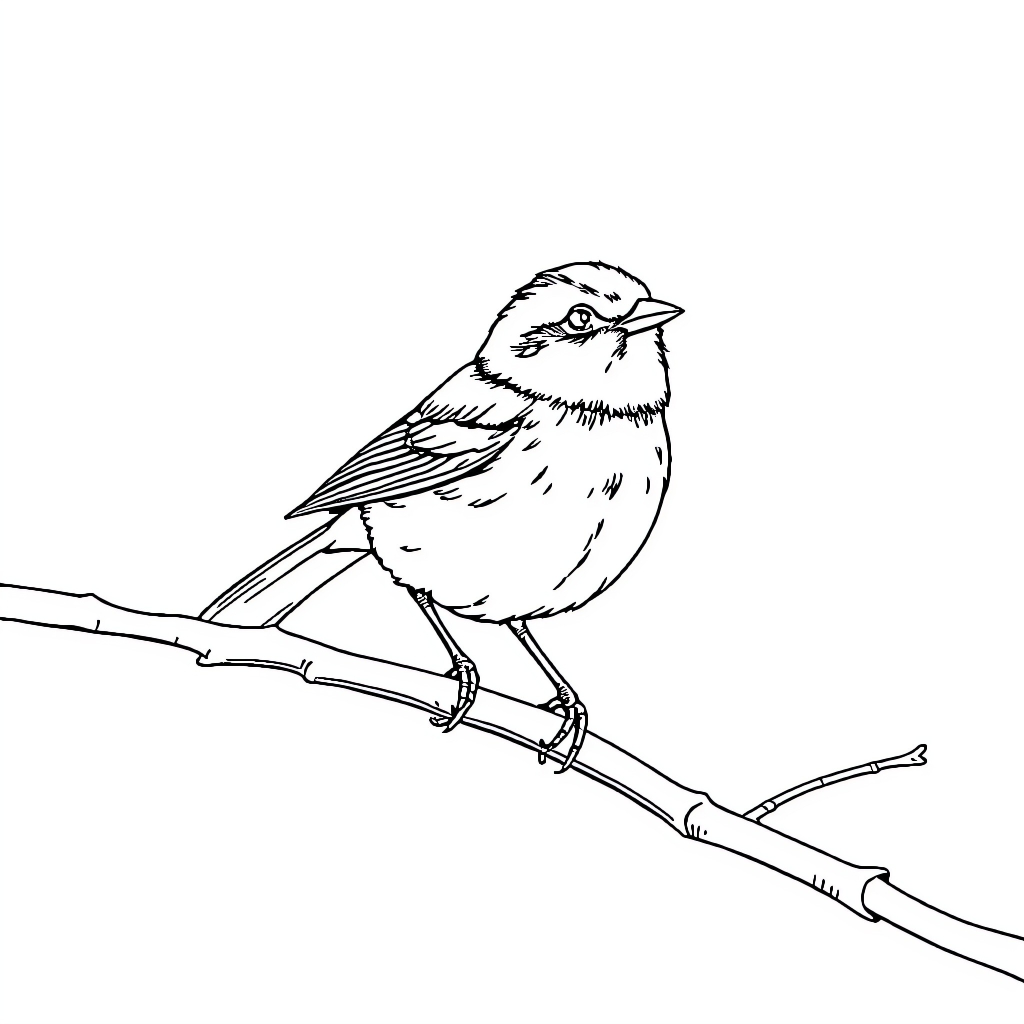 Sparrow perched on a branch Coloring Page (free black-and-white line drawing printable PDF for all, from beginners to advanced learners, including children, teens, adults, and seniors)