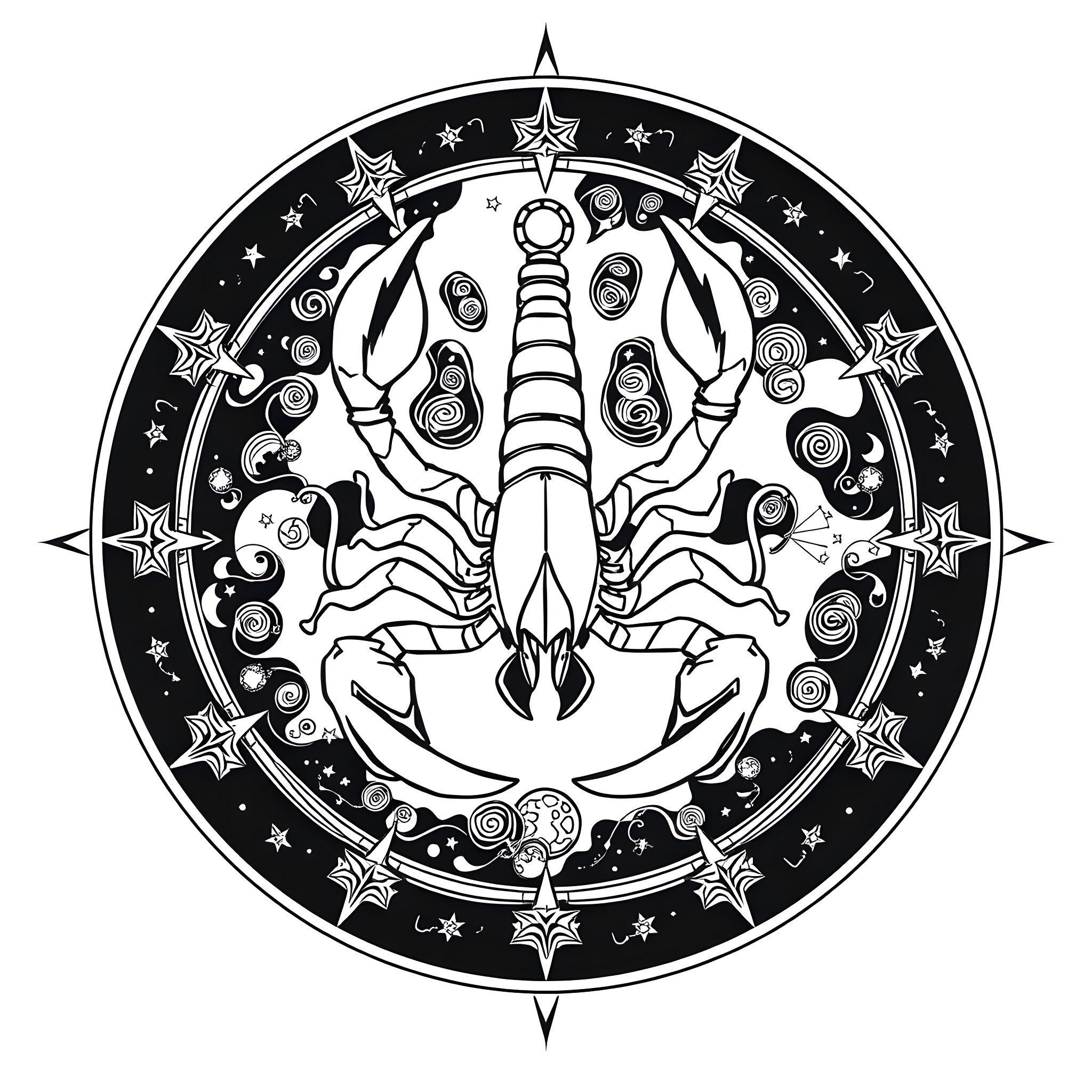 Scorpio astrological symbol with cosmic elements Coloring Page (free black-and-white line drawing printable PDF for all, from beginners to advanced learners, including children, teens, adults, and seniors)