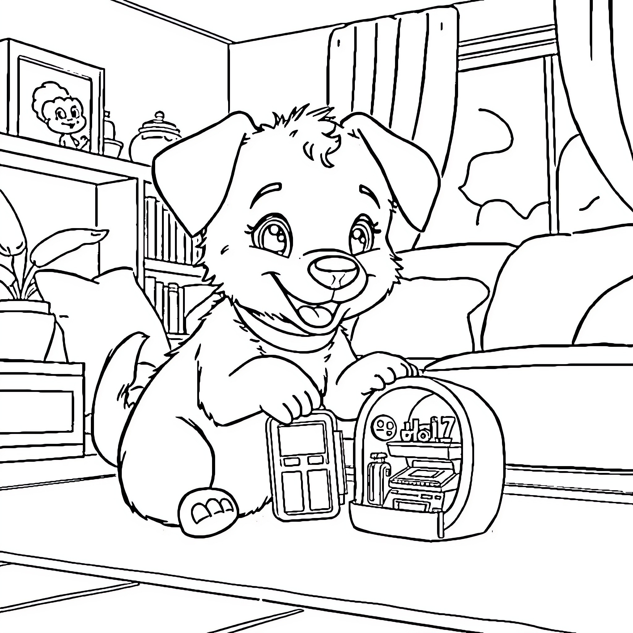 Bluey playing with toy in cozy living room Coloring Page (free black-and-white line drawing printable PDF for all, from beginners to advanced learners, including children, teens, adults, and seniors)