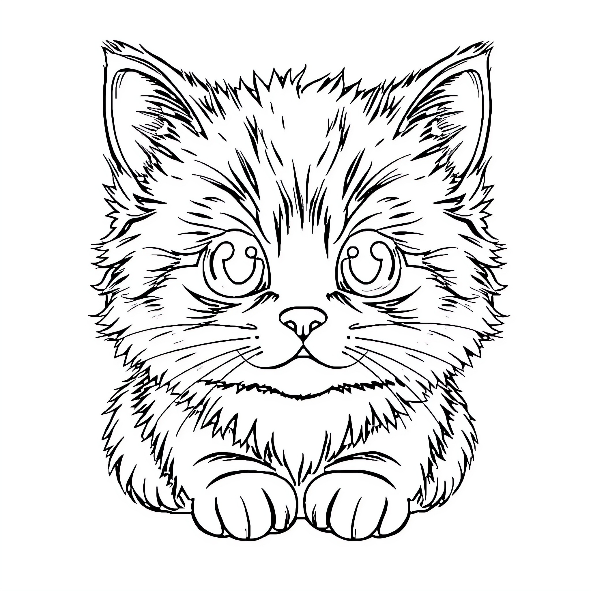 Cat with Fluffy Fur and Expressive Eyes Coloring Page (free black-and-white line drawing printable PDF for all, from beginners to advanced learners, including children, teens, adults, and seniors)