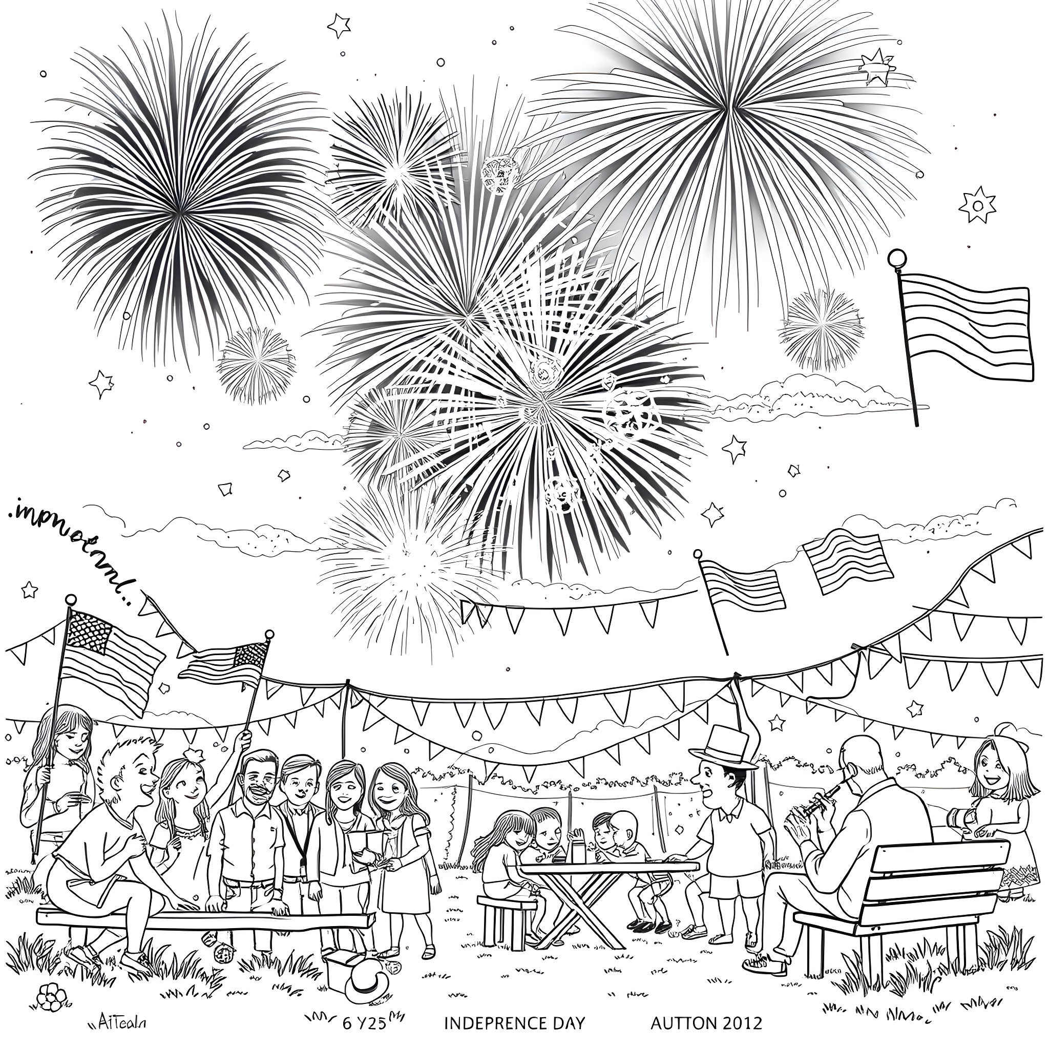 4th July Fireworks and Independence Day Celebration Coloring Page (free black-and-white line drawing printable PDF for all, from beginners to advanced learners, including children, teens, adults, and seniors)