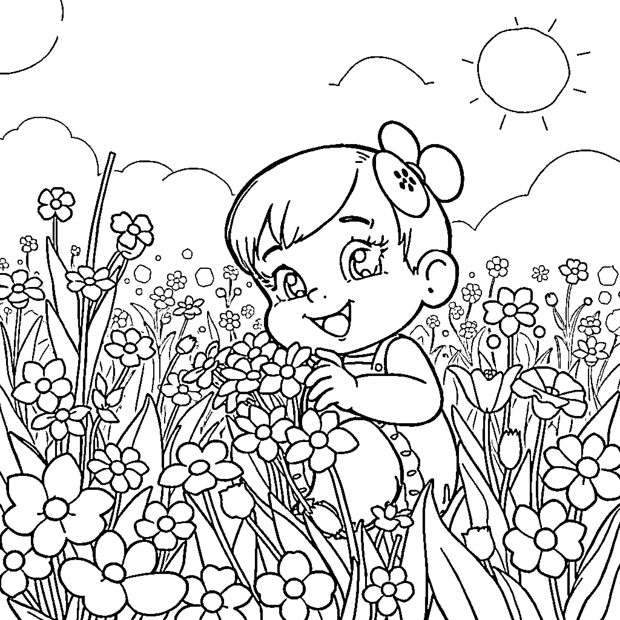 Mini Girl Playing in Flower Garden Coloring Page (free black-and-white line drawing printable PDF for all, from beginners to advanced learners, including children, teens, adults, and seniors)