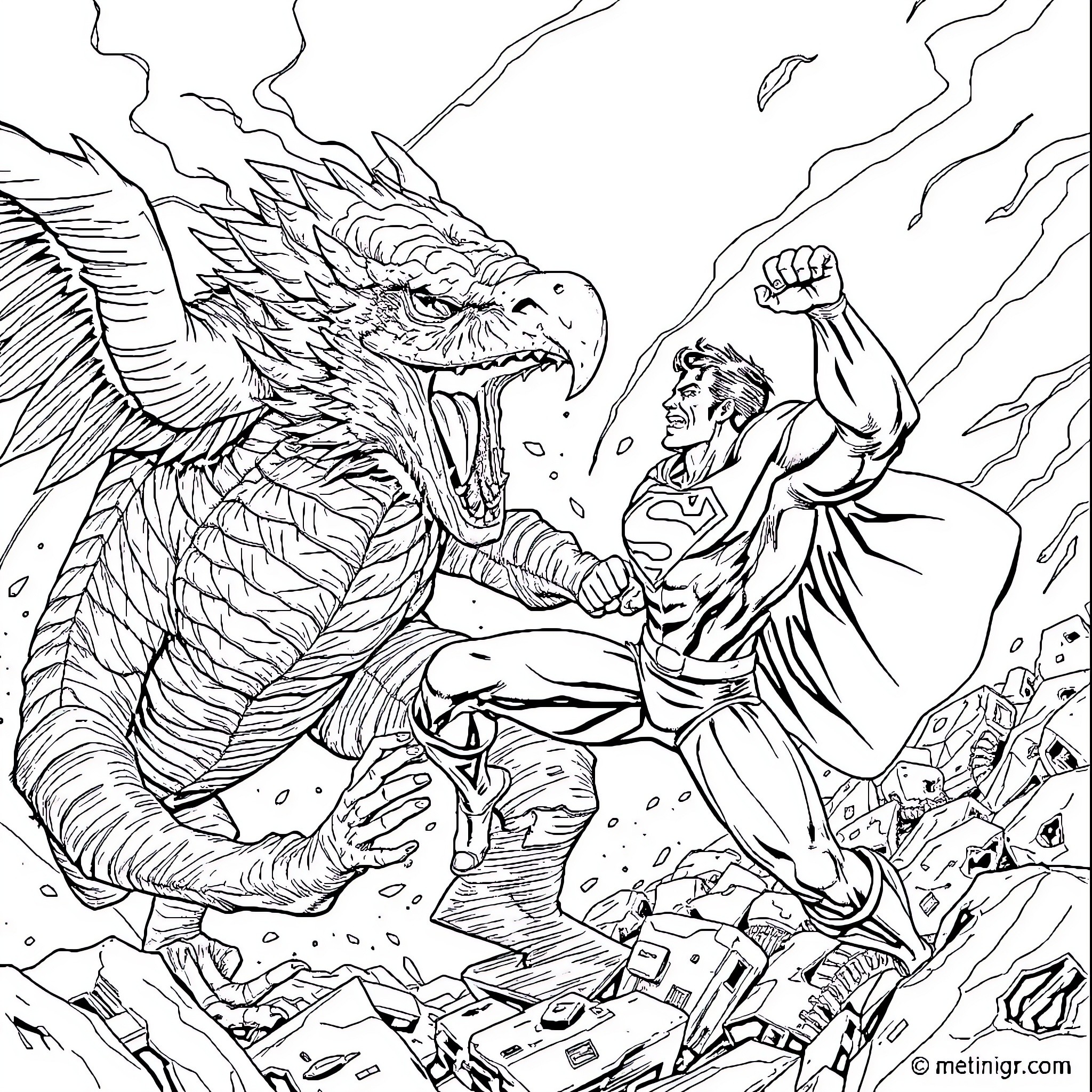 Superman battles a monstrous dragon in an epic scene Coloring Page (free black-and-white line drawing printable PDF for all, from beginners to advanced learners, including children, teens, adults, and seniors)