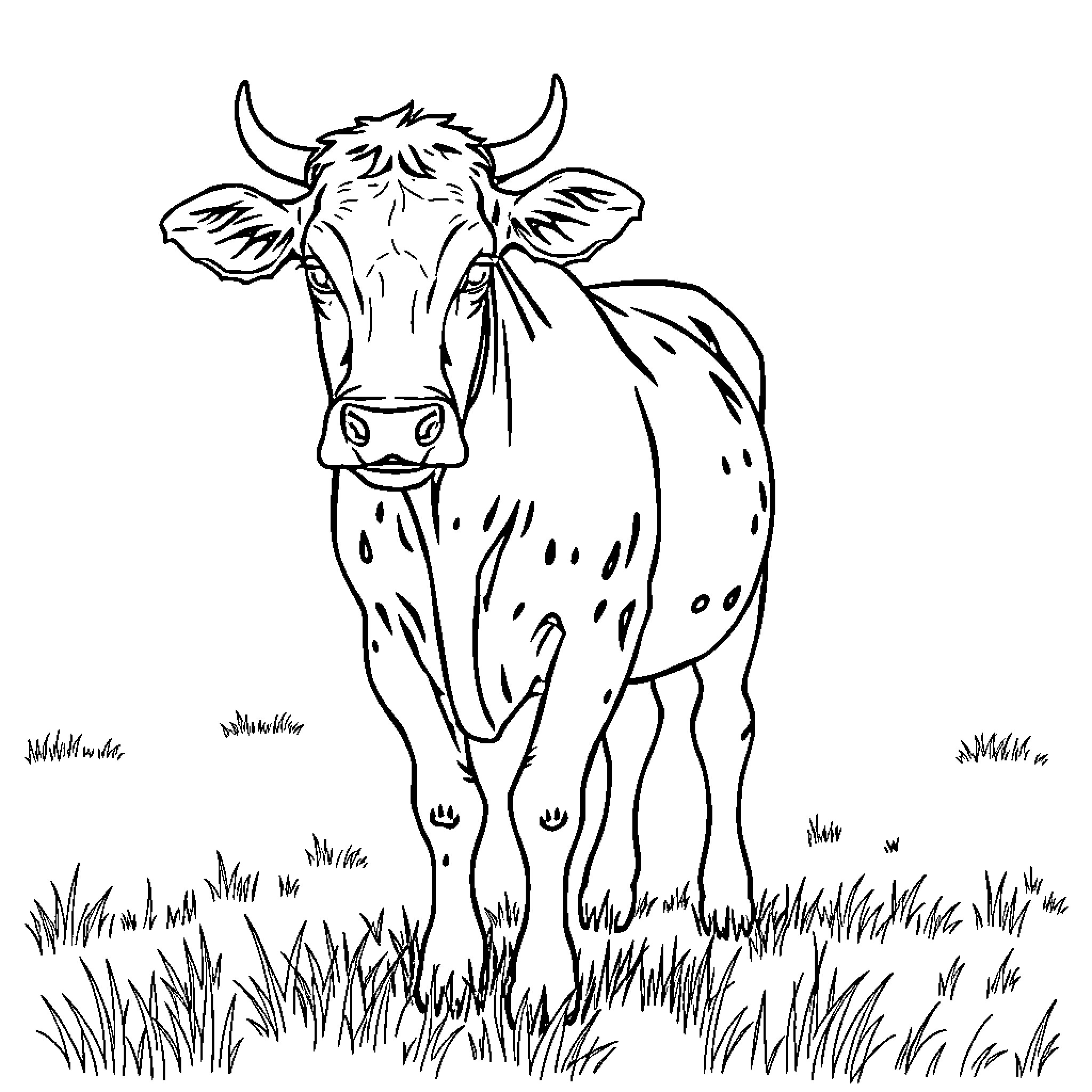 Cow standing in grassy field Coloring Page (free black-and-white line drawing printable PDF for all, from beginners to advanced learners, including children, teens, adults, and seniors)