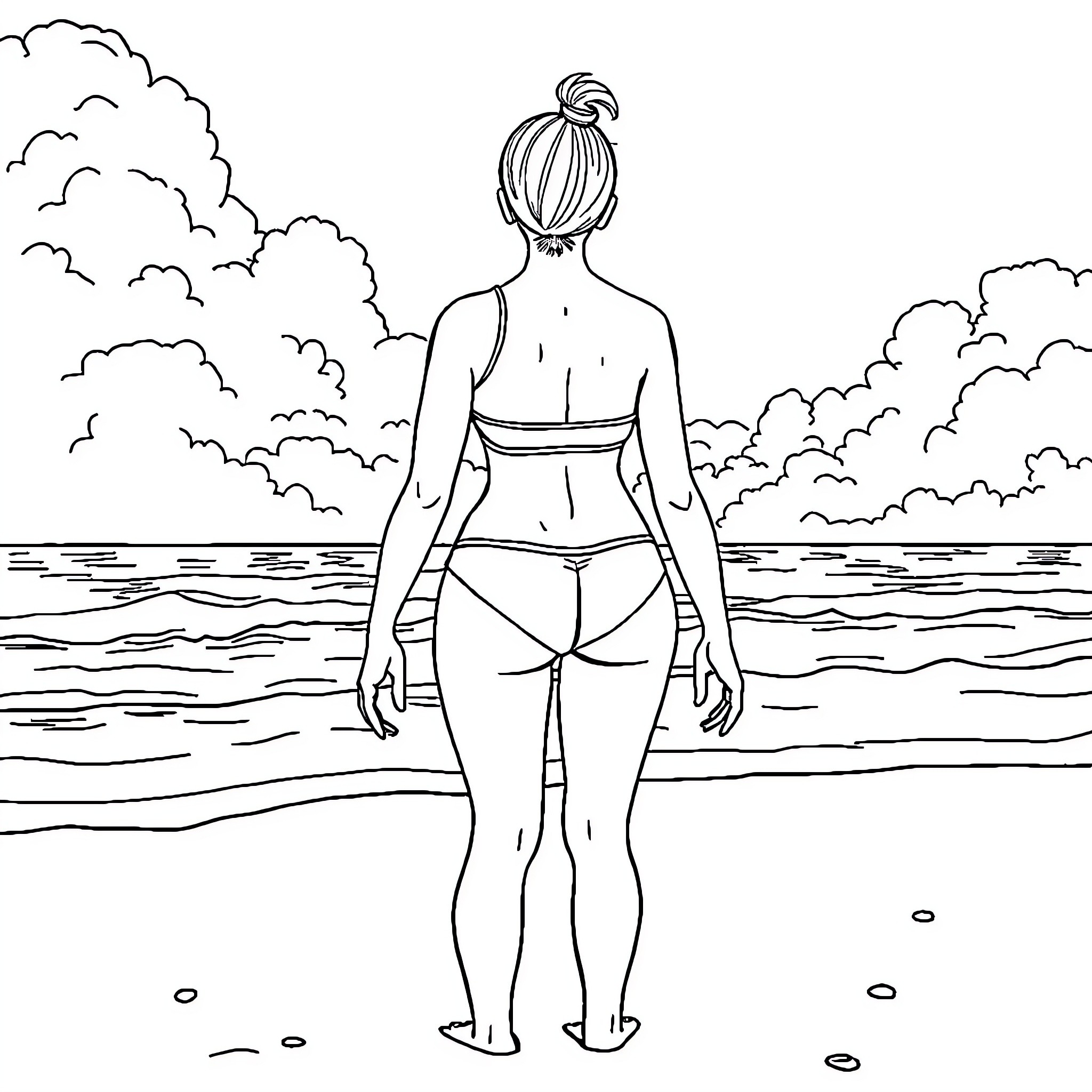 Sangoku figure by the ocean under cloudy sky Coloring Page (free black-and-white line drawing printable PDF for all, from beginners to advanced learners, including children, teens, adults, and seniors)