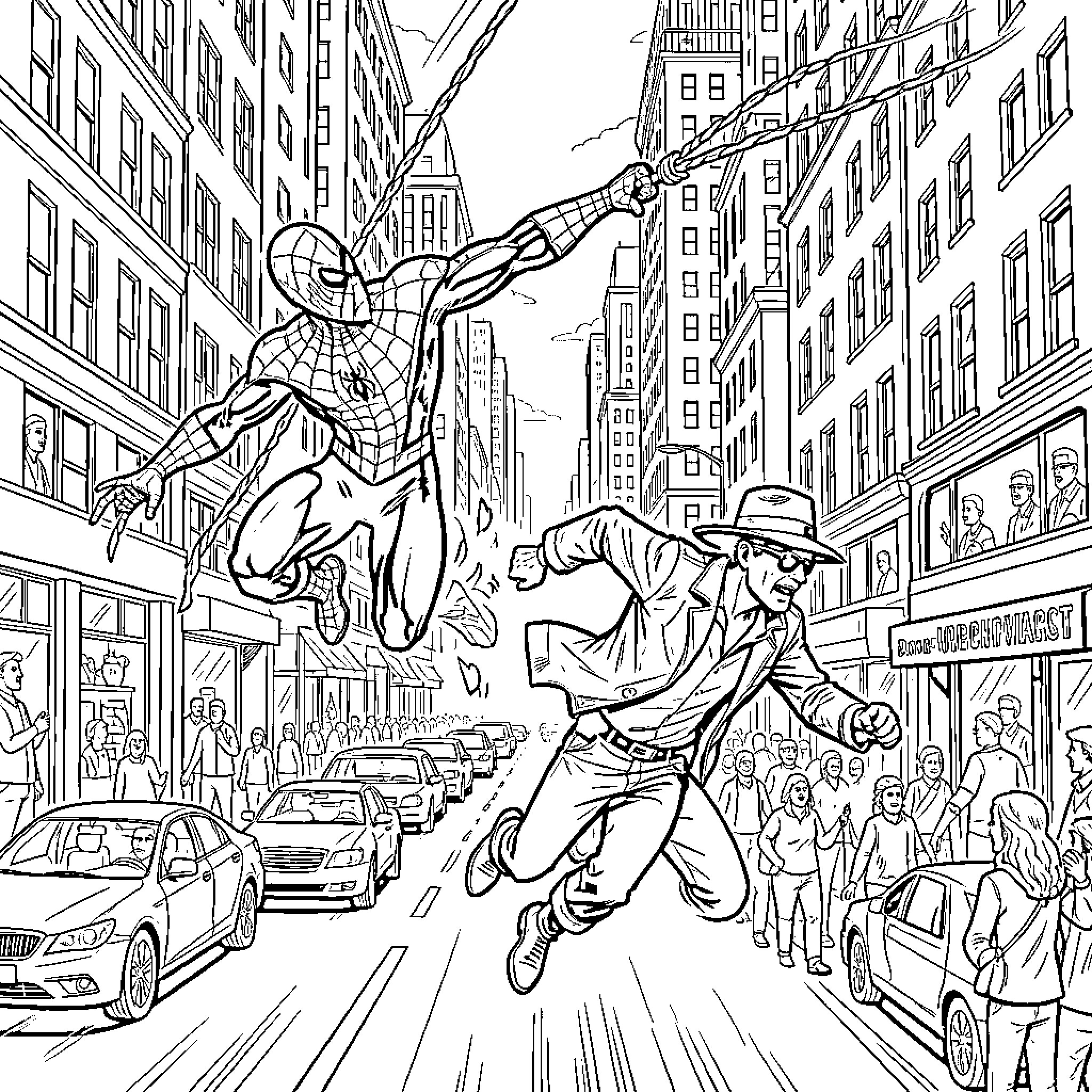Spider-Man swinging through a busy city street Coloring Page (free black-and-white line drawing printable PDF for all, from beginners to advanced learners, including children, teens, adults, and seniors)