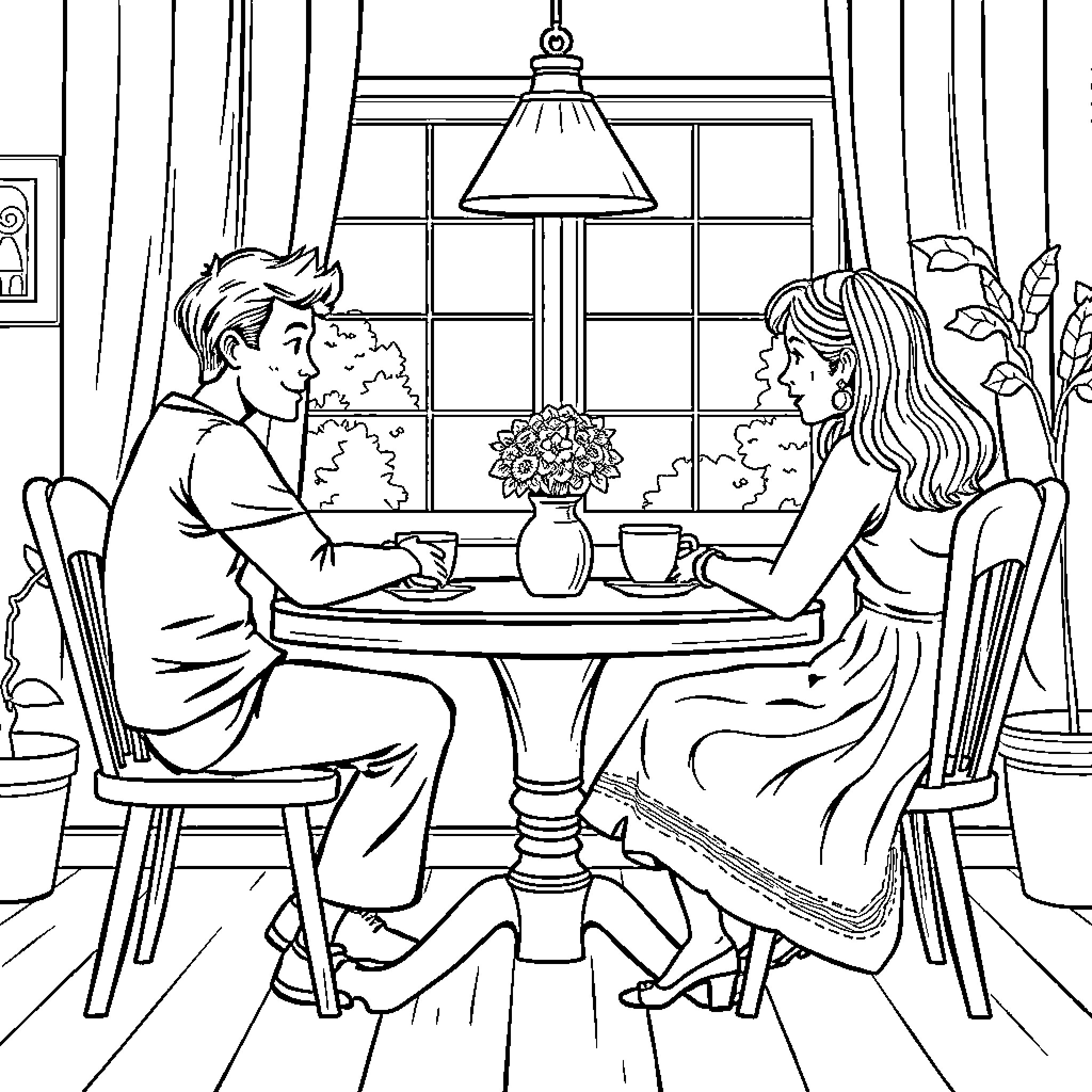 Family Enjoying Cozy Conversation by the Window Coloring Page (free black-and-white line drawing printable PDF for all, from beginners to advanced learners, including children, teens, adults, and seniors)
