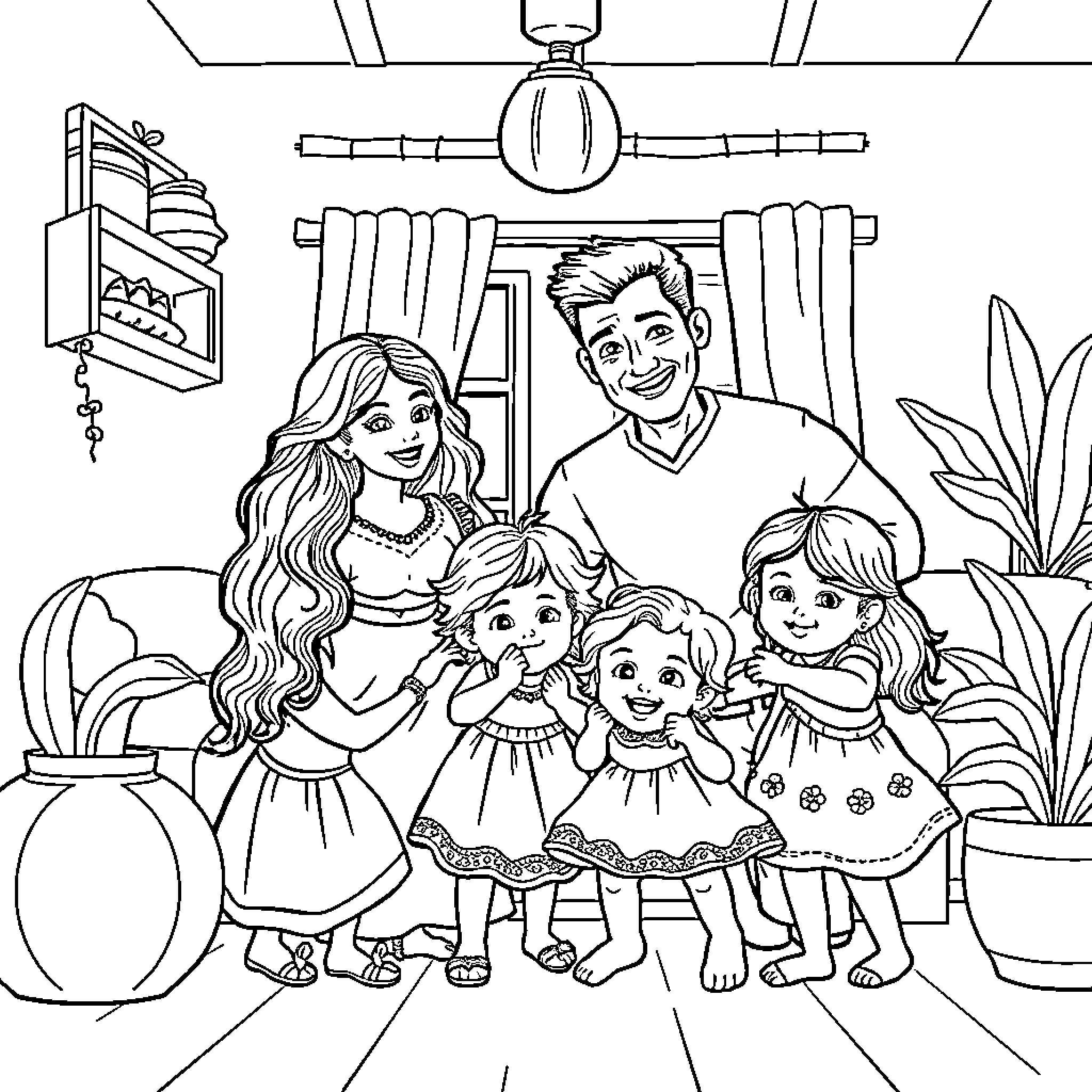 Family sharing a joyful moment together Coloring Page (free black-and-white line drawing printable PDF for all, from beginners to advanced learners, including children, teens, adults, and seniors)