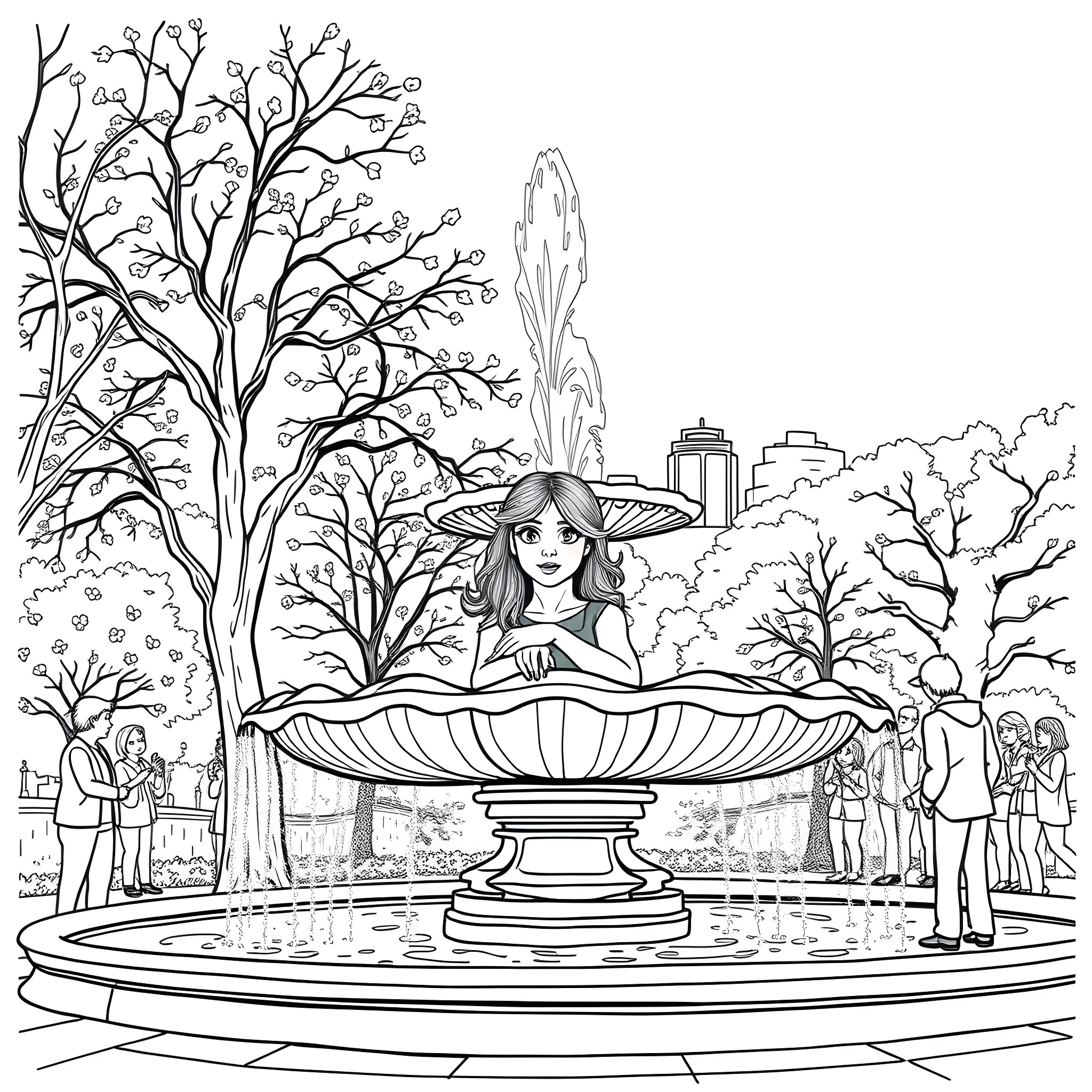 Girl playing in a park fountain Coloring Page (free black-and-white line drawing printable PDF for all, from beginners to advanced learners, including children, teens, adults, and seniors)