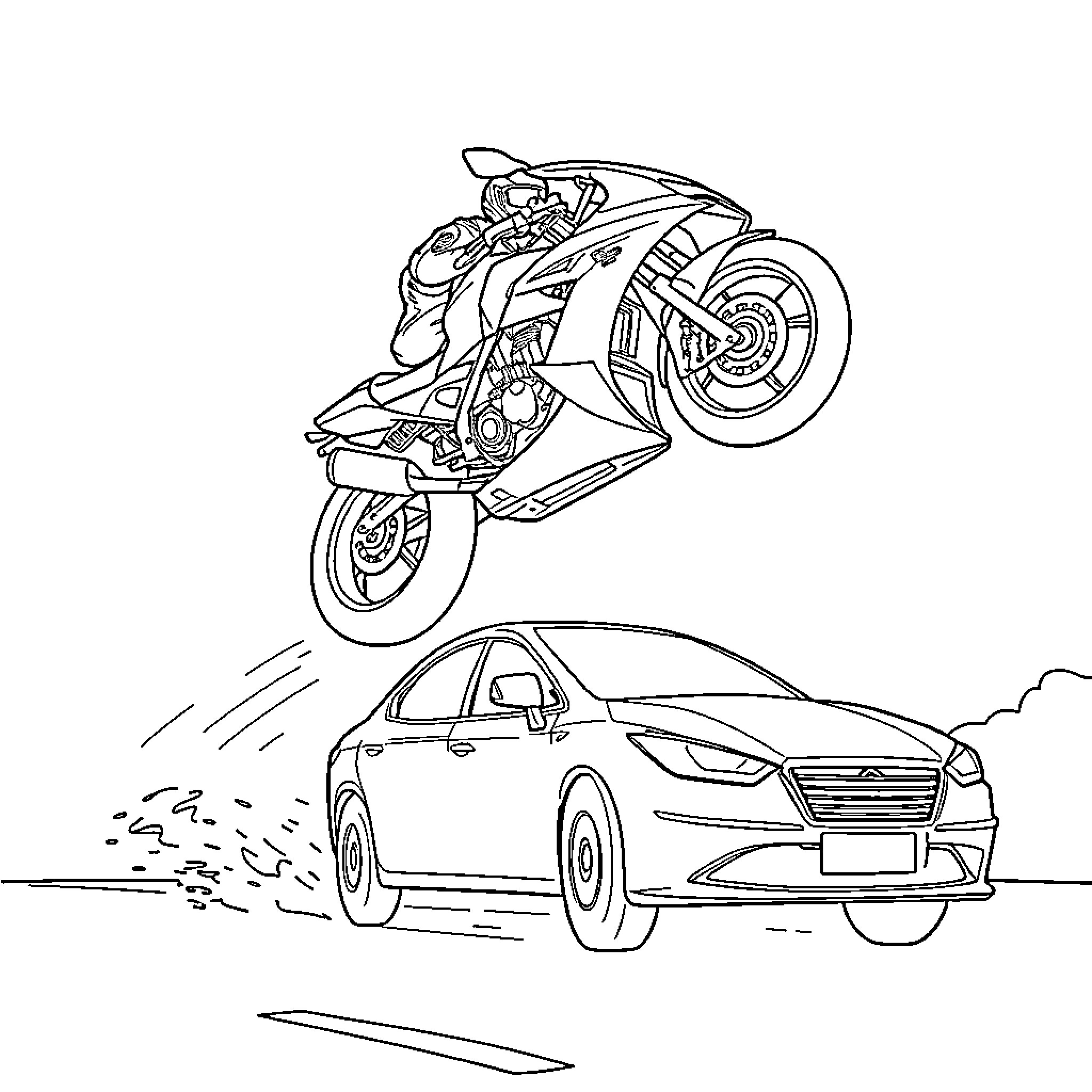 Motorcycle jumping over speeding car on the road Coloring Page (free black-and-white line drawing printable PDF for all, from beginners to advanced learners, including children, teens, adults, and seniors)