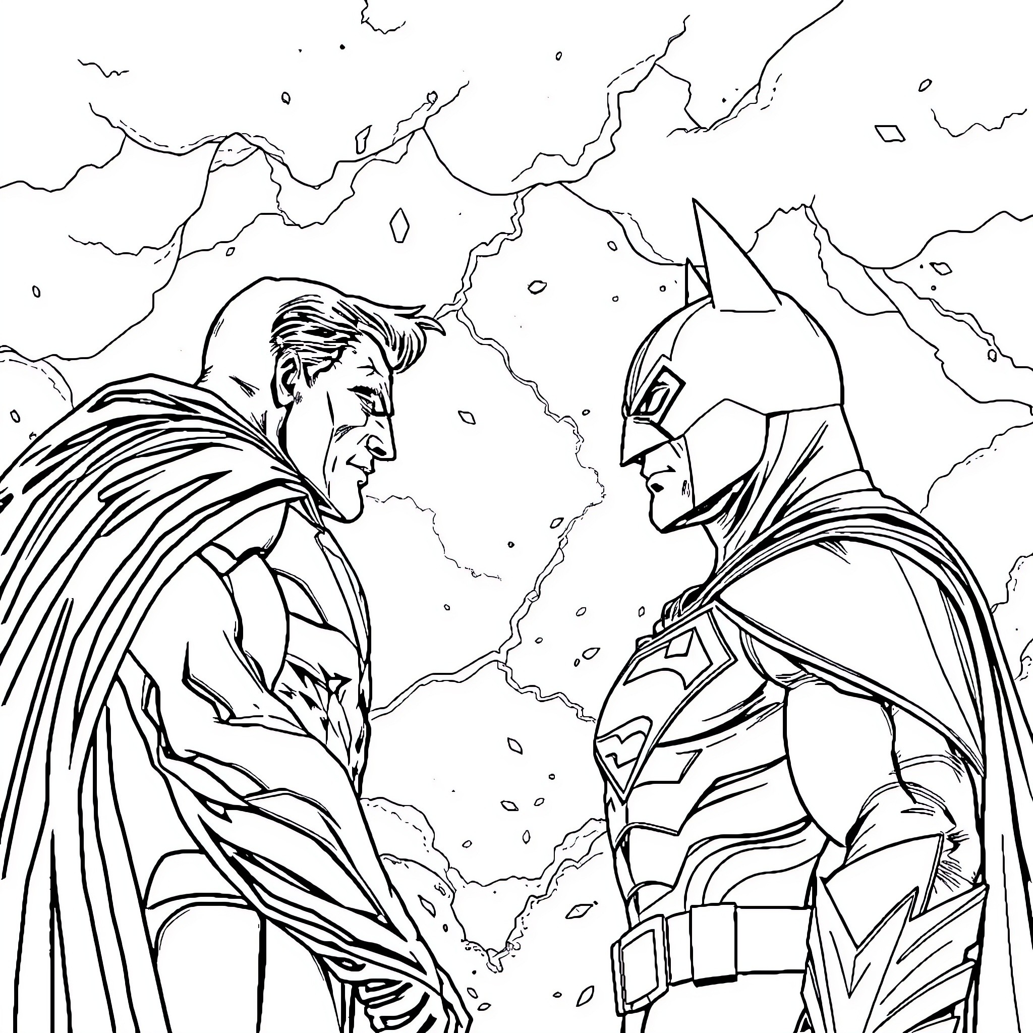 Superman and Batman facing off in a dramatic confrontation Coloring Page (free black-and-white line drawing printable PDF for all, from beginners to advanced learners, including children, teens, adults, and seniors)