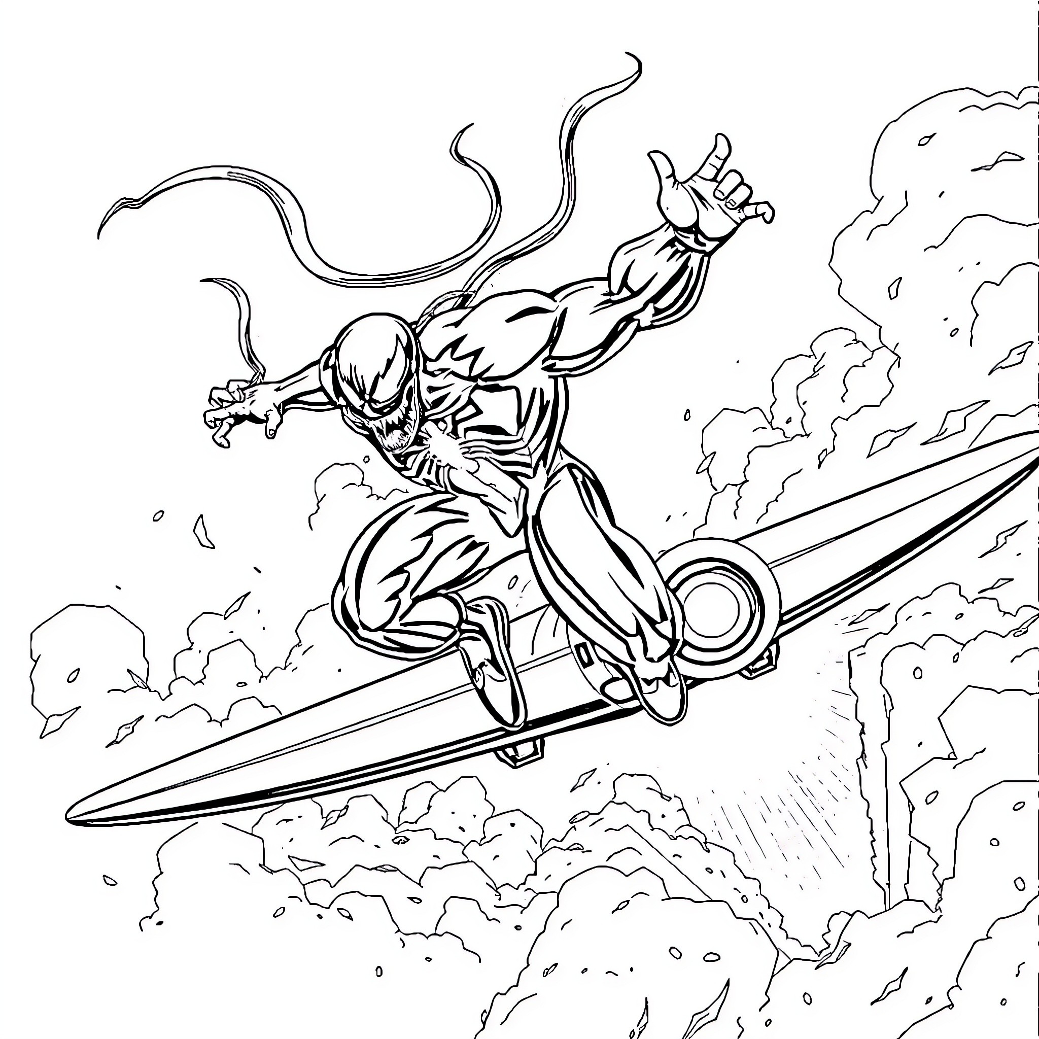Venom's Heroic Leap in the Clouds Coloring Page (free black-and-white line drawing printable PDF for all, from beginners to advanced learners, including children, teens, adults, and seniors)