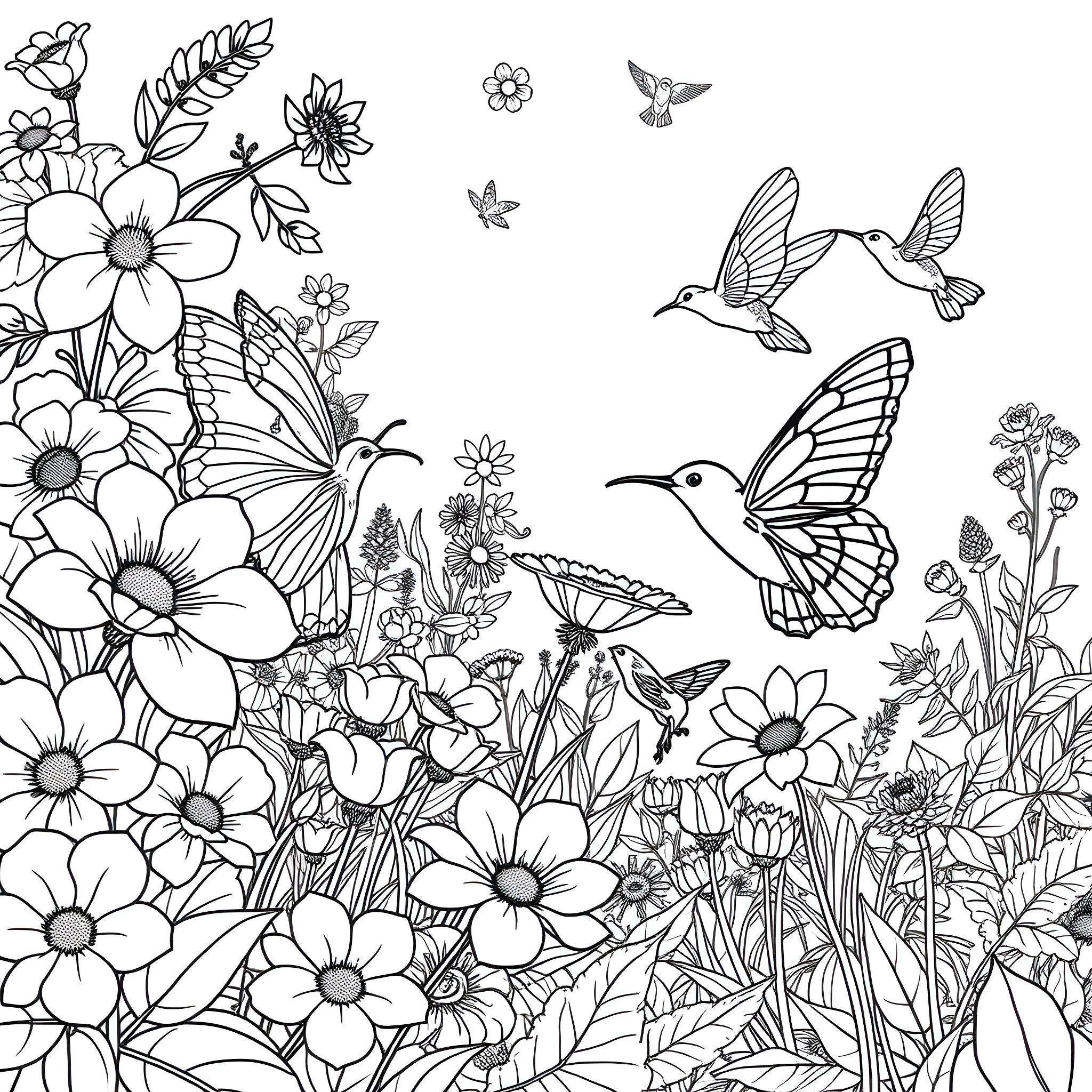 Butterfly Garden Filled with Vibrant Flowers and Hummingbirds Coloring Page (free black-and-white line drawing printable PDF for all, from beginners to advanced learners, including children, teens, adults, and seniors)