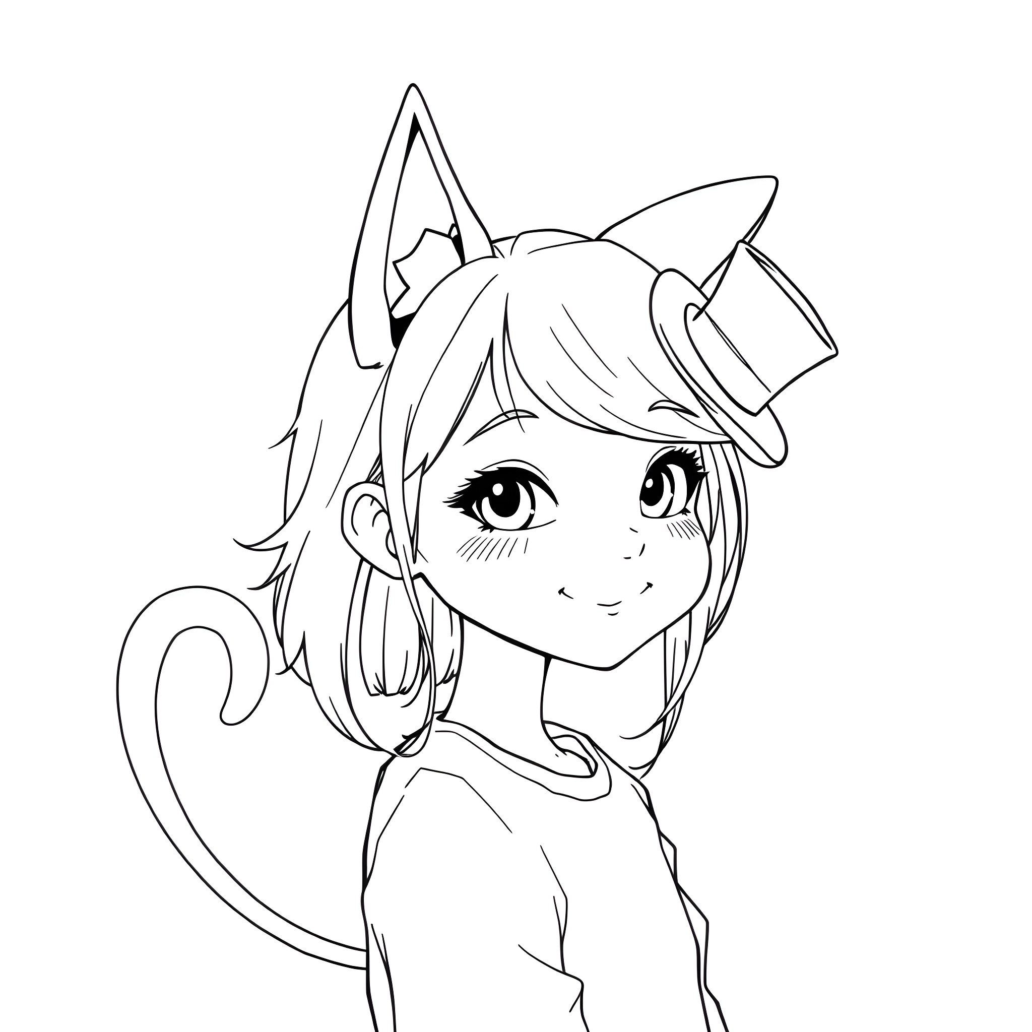 Teen Girl as Anime-Style Cat Character Coloring Page (free black-and-white line drawing printable PDF for all, from beginners to advanced learners, including children, teens, adults, and seniors)
