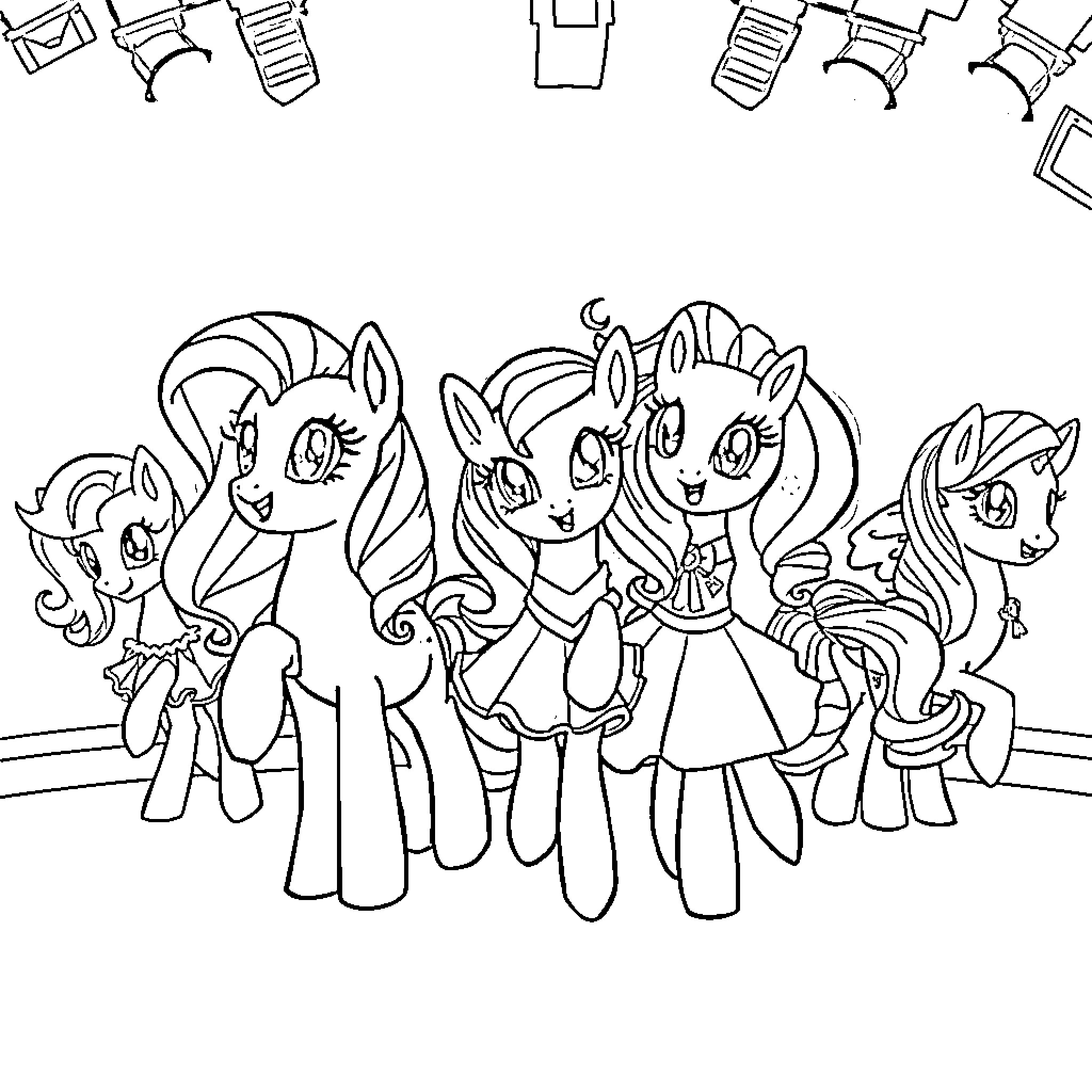 Pony friends gathered for a fun adventure Coloring Page (free black-and-white line drawing printable PDF for all, from beginners to advanced learners, including children, teens, adults, and seniors)