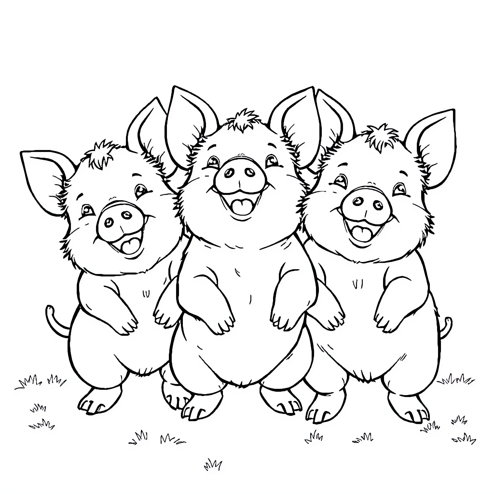Pig friends posing playfully together Coloring Page (free black-and-white line drawing printable PDF for all, from beginners to advanced learners, including children, teens, adults, and seniors)