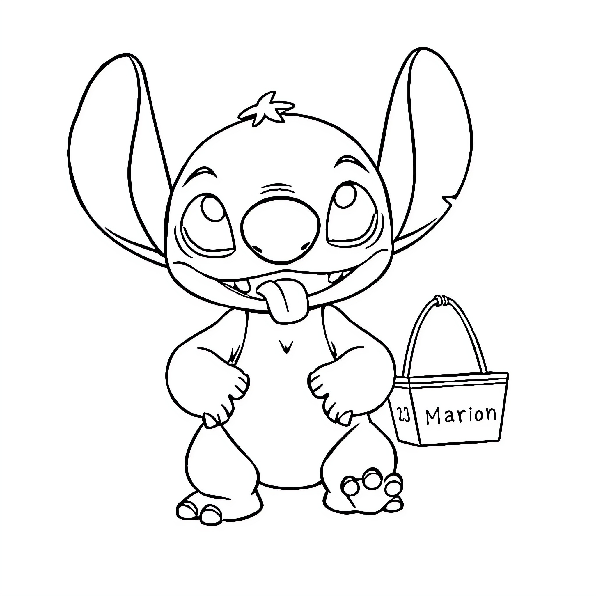 Stitch carrying a bag and making a funny face Coloring Page (free black-and-white line drawing printable PDF for all, from beginners to advanced learners, including children, teens, adults, and seniors)