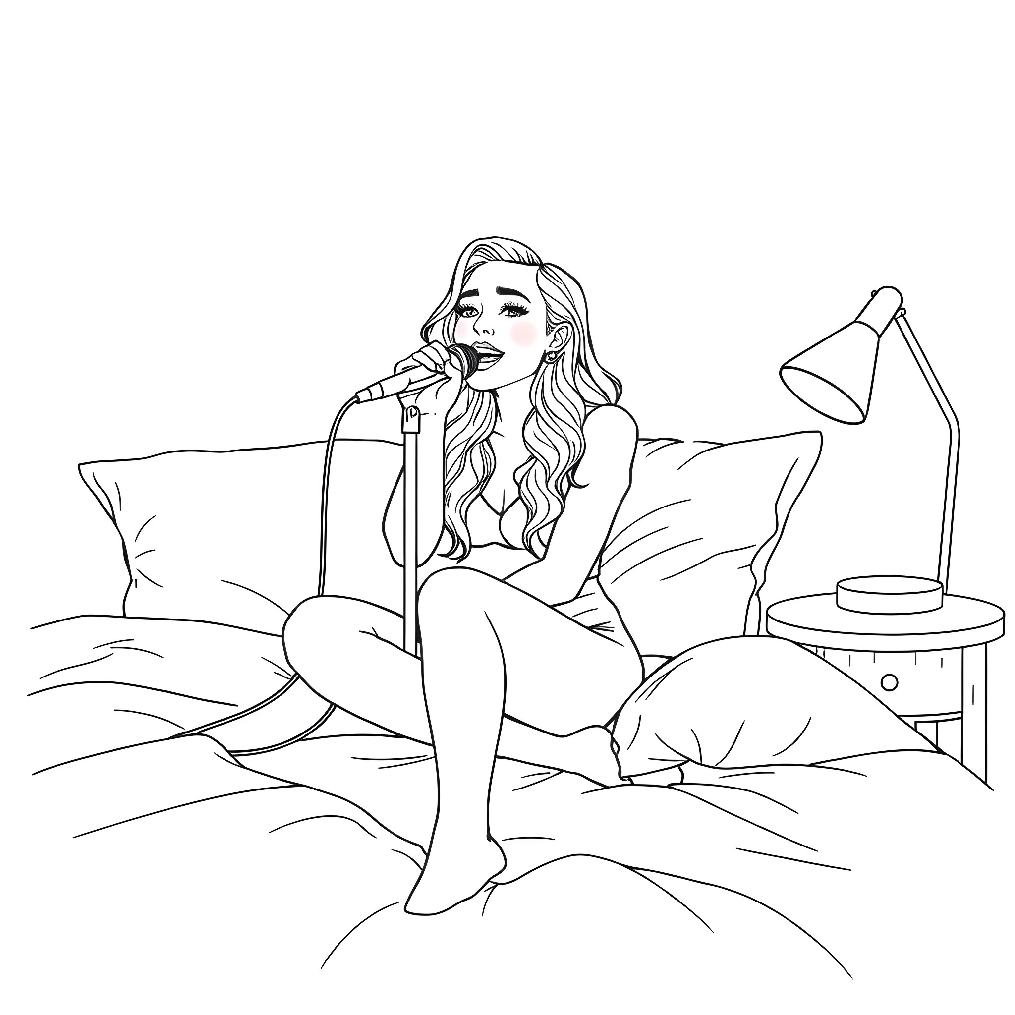 Sabrina Carpenter performing on stage with microphone Coloring Page (free black-and-white line drawing printable PDF for all, from beginners to advanced learners, including children, teens, adults, and seniors)