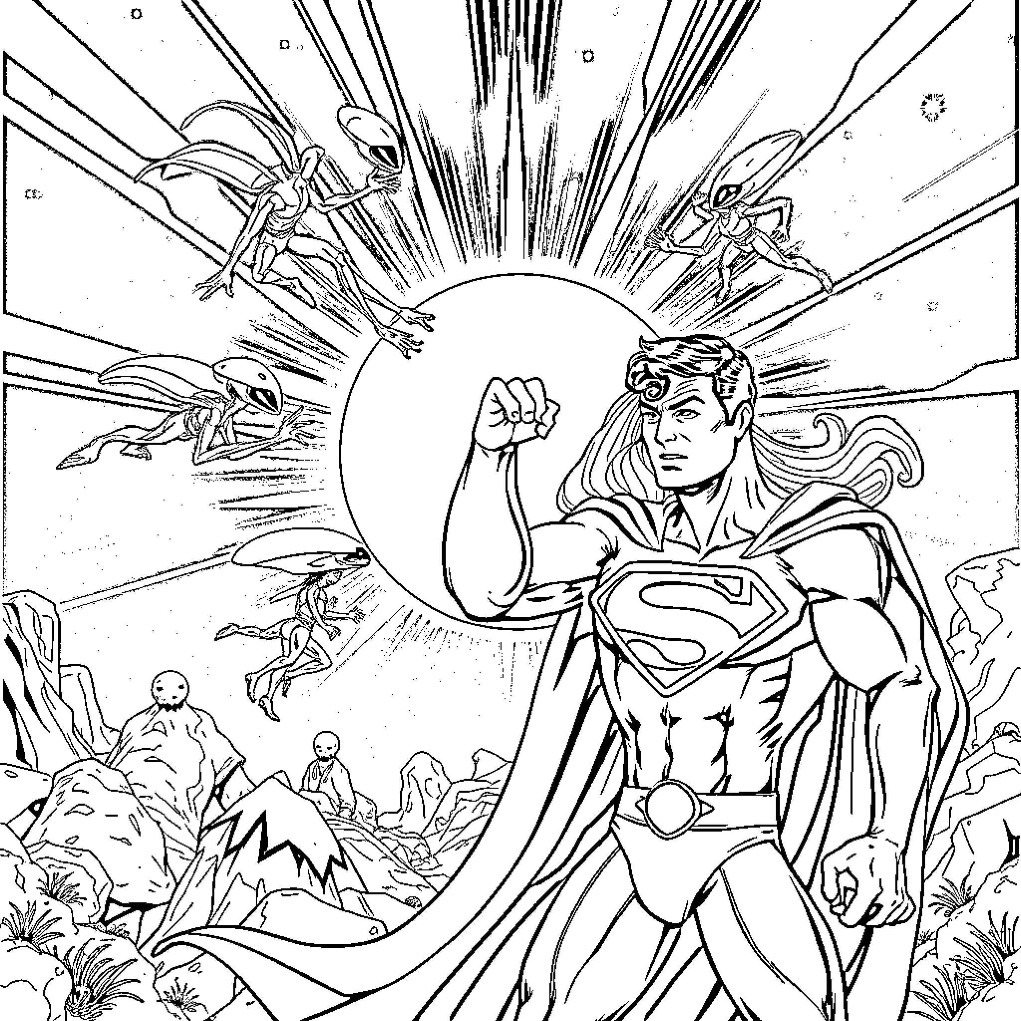 Alien Superman Confronting Extraterrestrial Beings Coloring Page (free black-and-white line drawing printable PDF for all, from beginners to advanced learners, including children, teens, adults, and seniors)