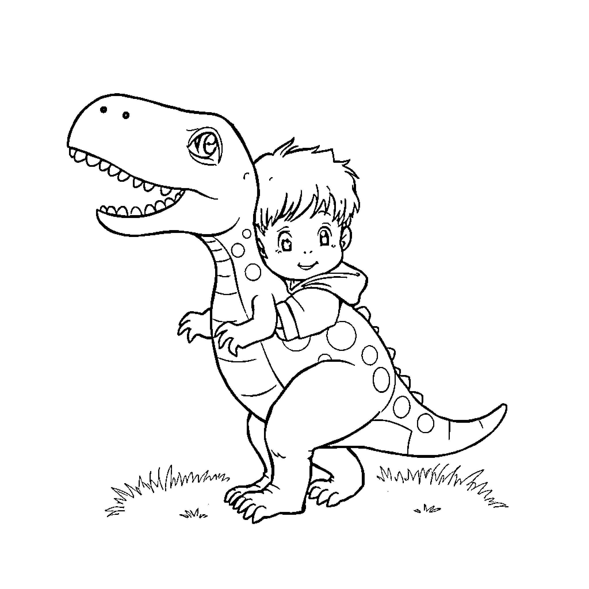 Enfant playing with friendly dinosaur Coloring Page (free black-and-white line drawing printable PDF for all, from beginners to advanced learners, including children, teens, adults, and seniors)