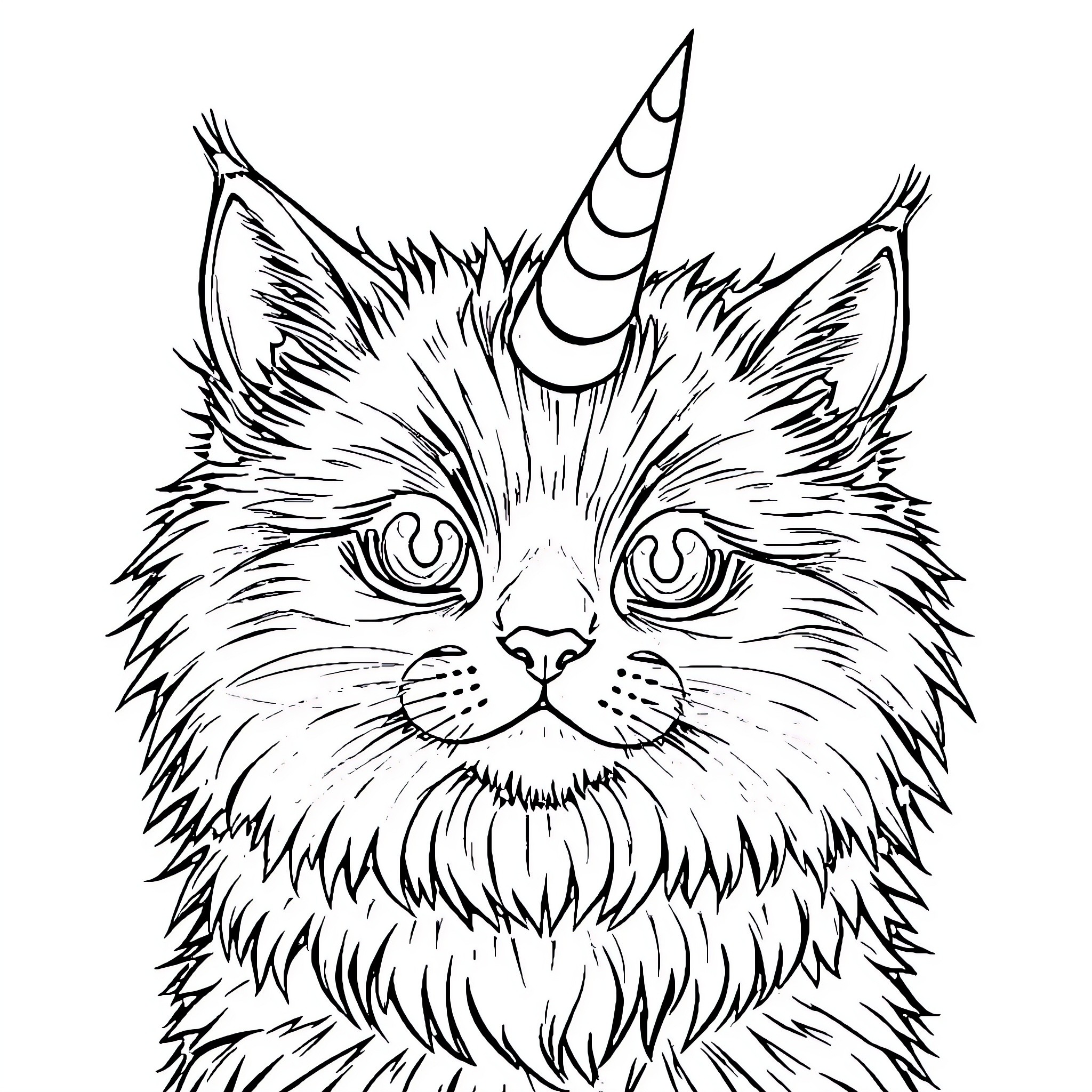 Cat Unicorn with Fierce Expression Coloring Page (free black-and-white line drawing printable PDF for all, from beginners to advanced learners, including children, teens, adults, and seniors)