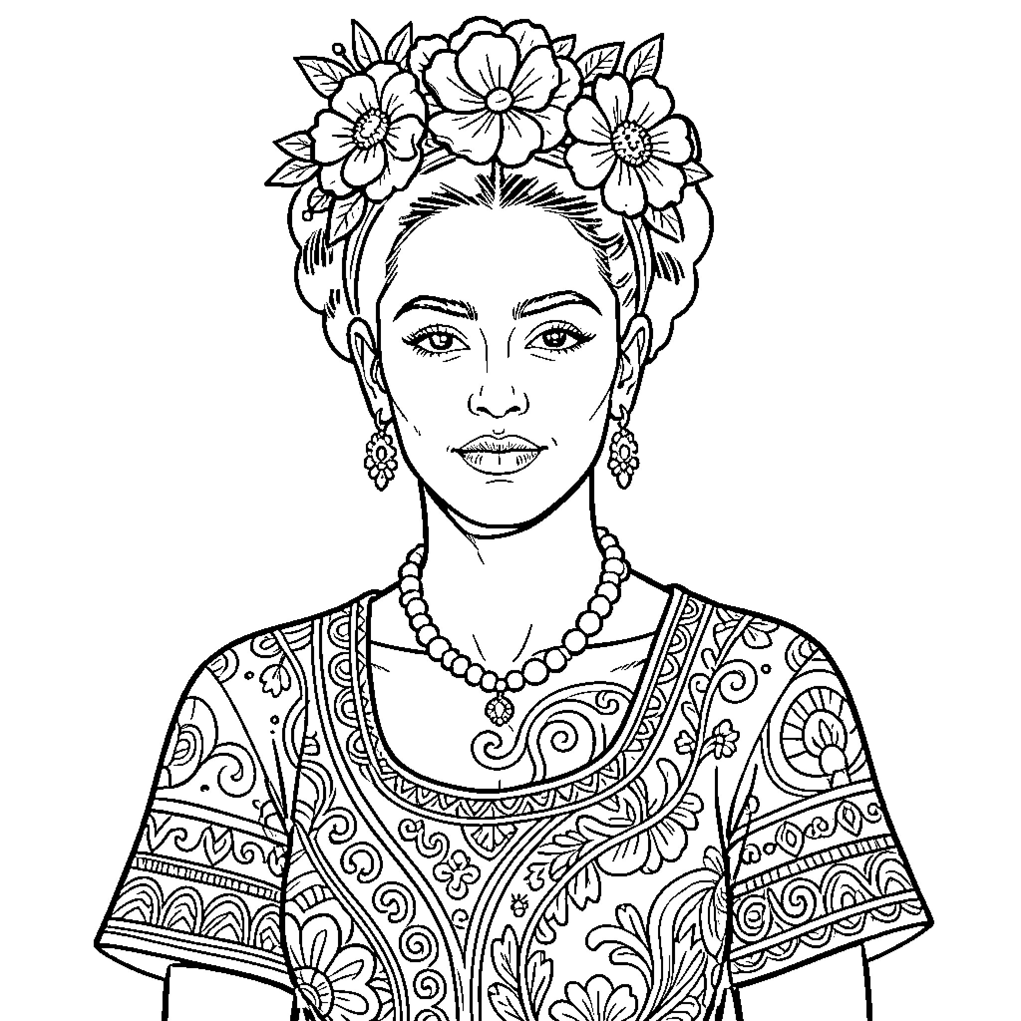 Frida Kahlo in Floral Headdress and Embroidered Dress Coloring Page (free black-and-white line drawing printable PDF for all, from beginners to advanced learners, including children, teens, adults, and seniors)