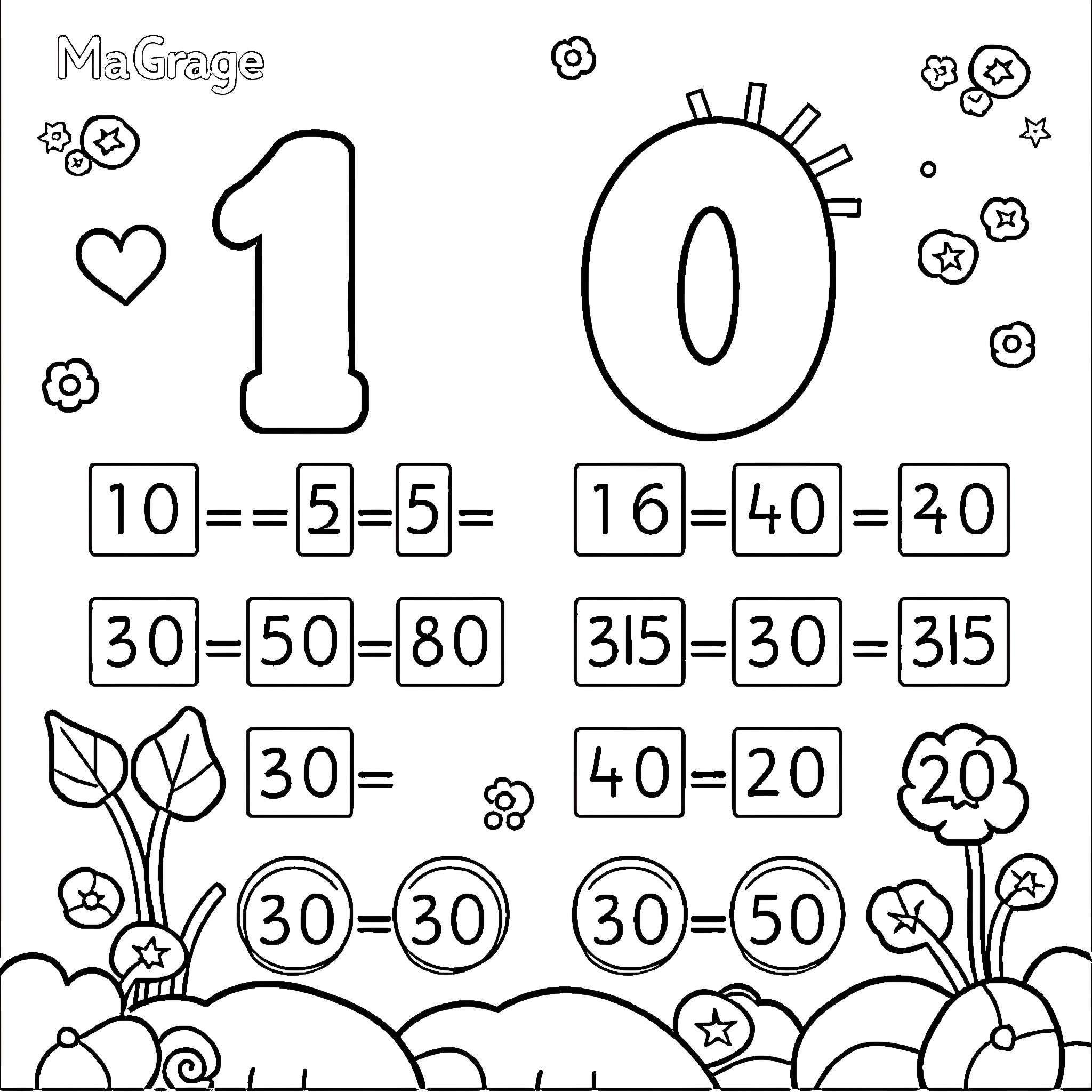 Math expressions with playful illustrations Coloring Page (free black-and-white line drawing printable PDF for all, from beginners to advanced learners, including children, teens, adults, and seniors)